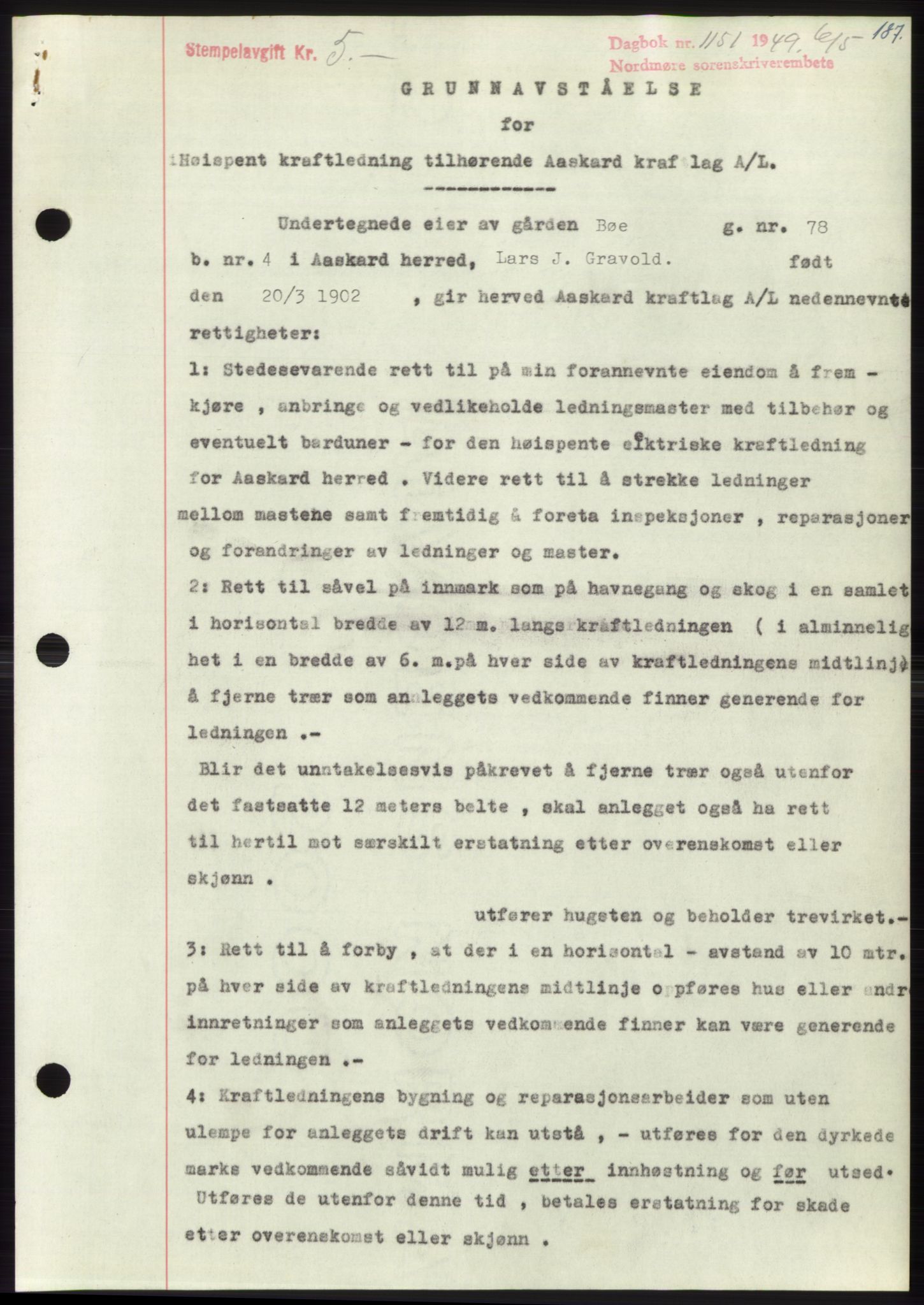 Nordmøre sorenskriveri, SAT/A-4132/1/2/2Ca: Pantebok nr. B101, 1949-1949, Dagboknr: 1151/1949