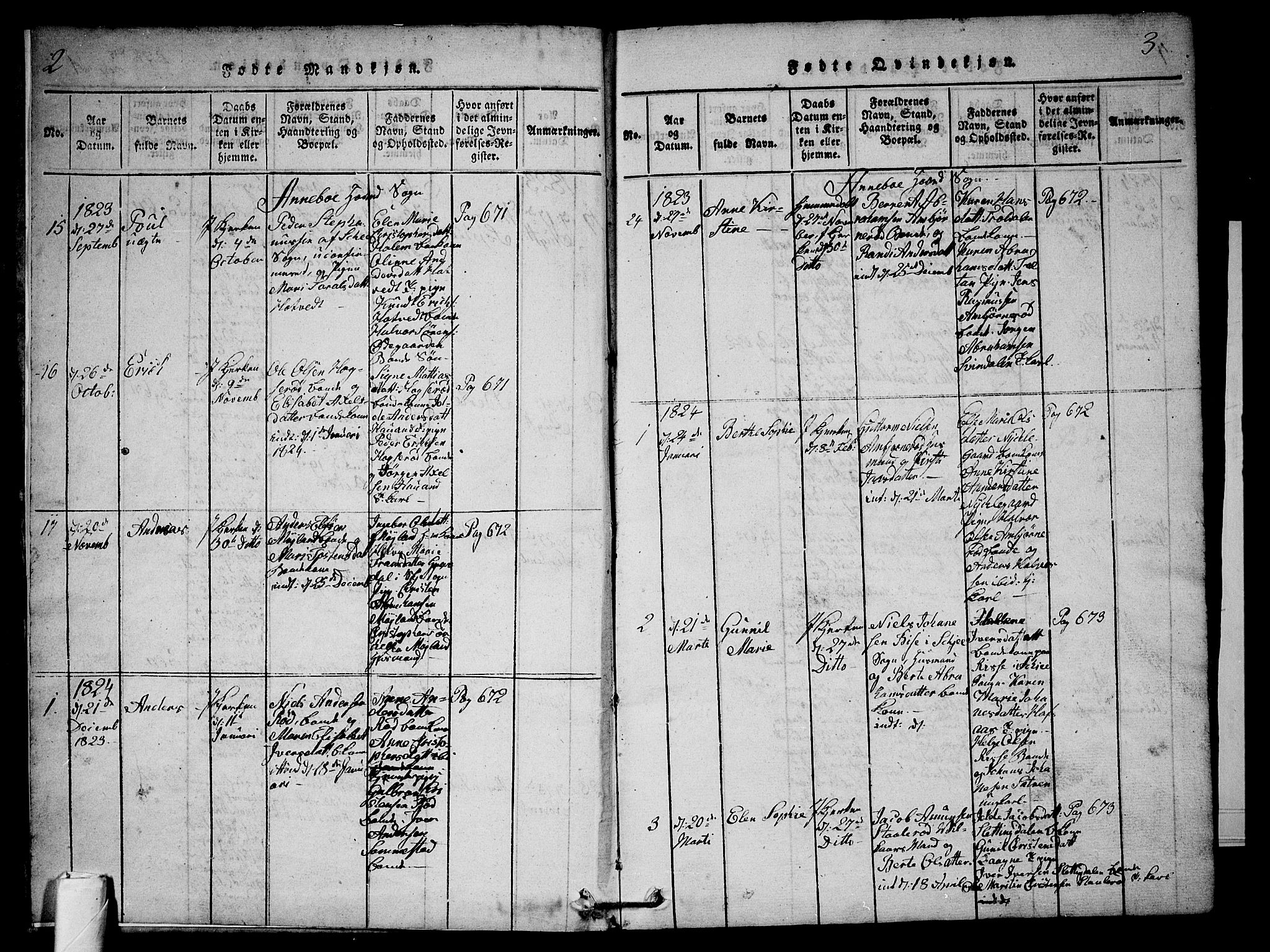 Andebu kirkebøker, AV/SAKO-A-336/G/Ga/L0002: Klokkerbok nr. I 2 /1, 1823-1832, s. 2-3