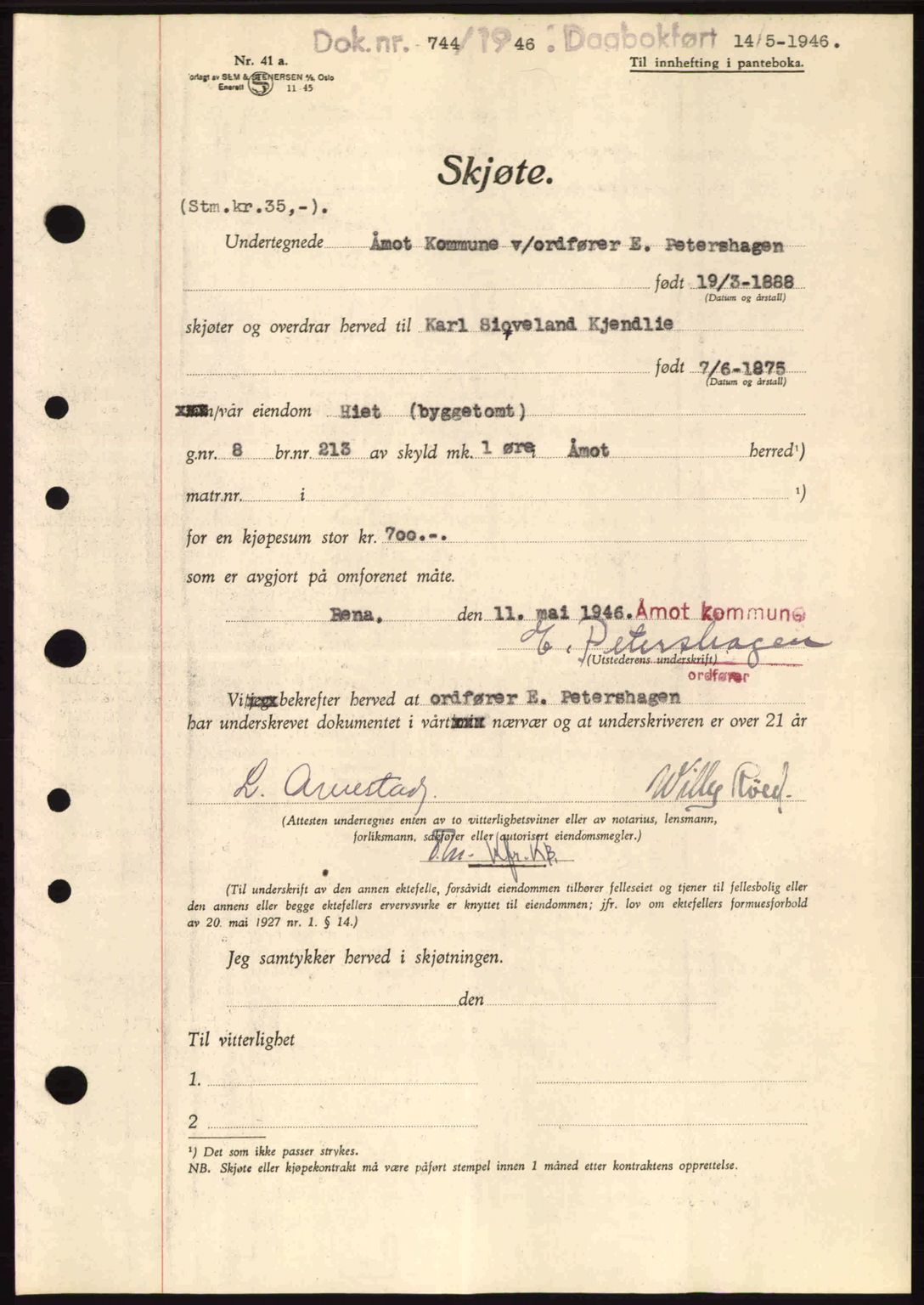 Sør-Østerdal sorenskriveri, AV/SAH-TING-018/H/Hb/Hbb/L0074: Pantebok nr. A74, 1946-1946, Dagboknr: 744/1946