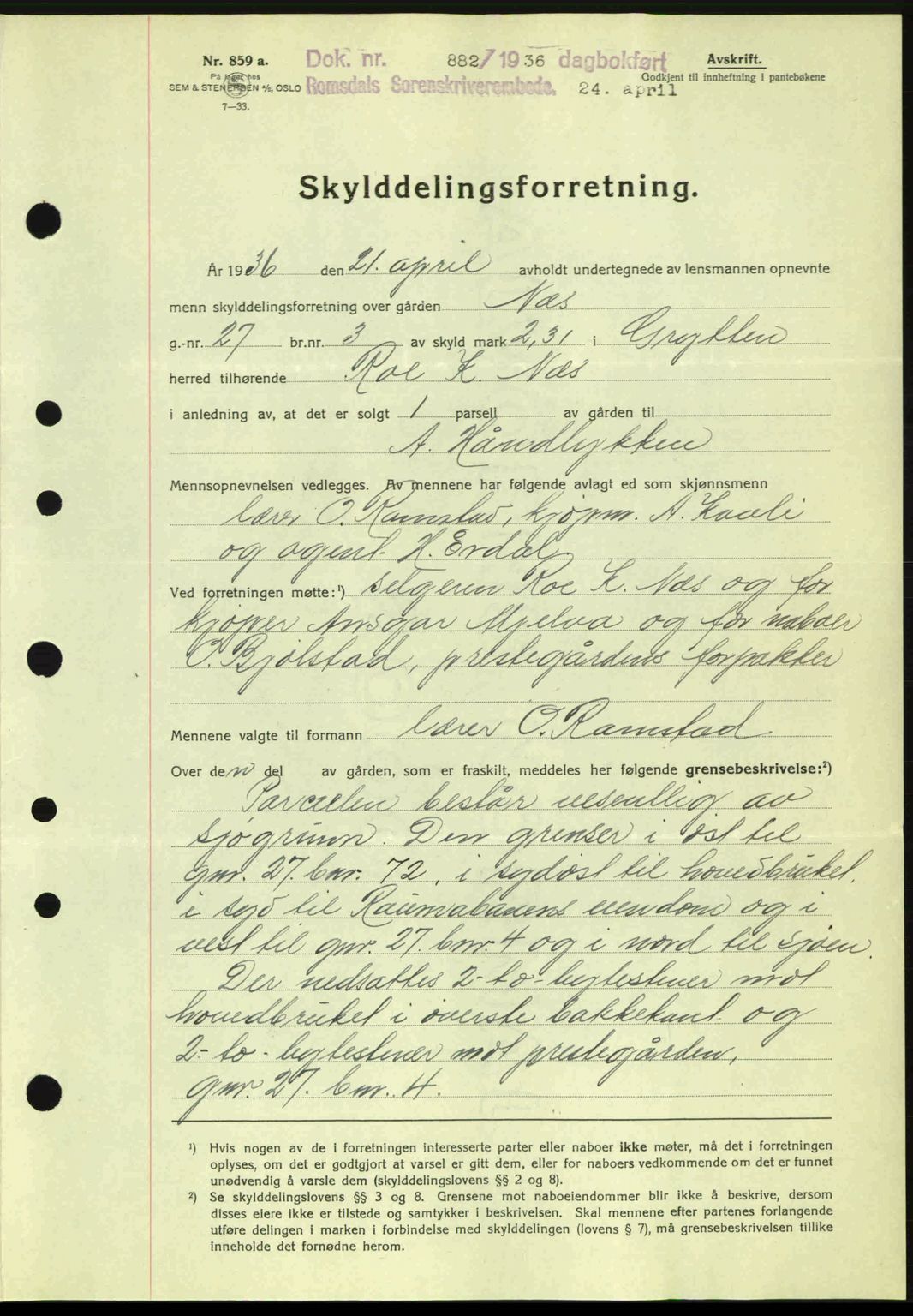 Romsdal sorenskriveri, SAT/A-4149/1/2/2C: Pantebok nr. A1, 1936-1936, Dagboknr: 882/1936