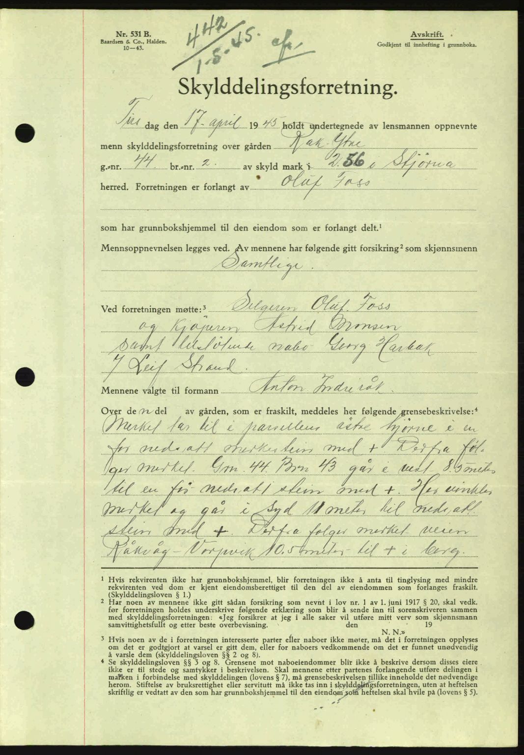 Fosen sorenskriveri, AV/SAT-A-1107/1/2/2C: Pantebok nr. A3, 1943-1945, Dagboknr: 442/1945