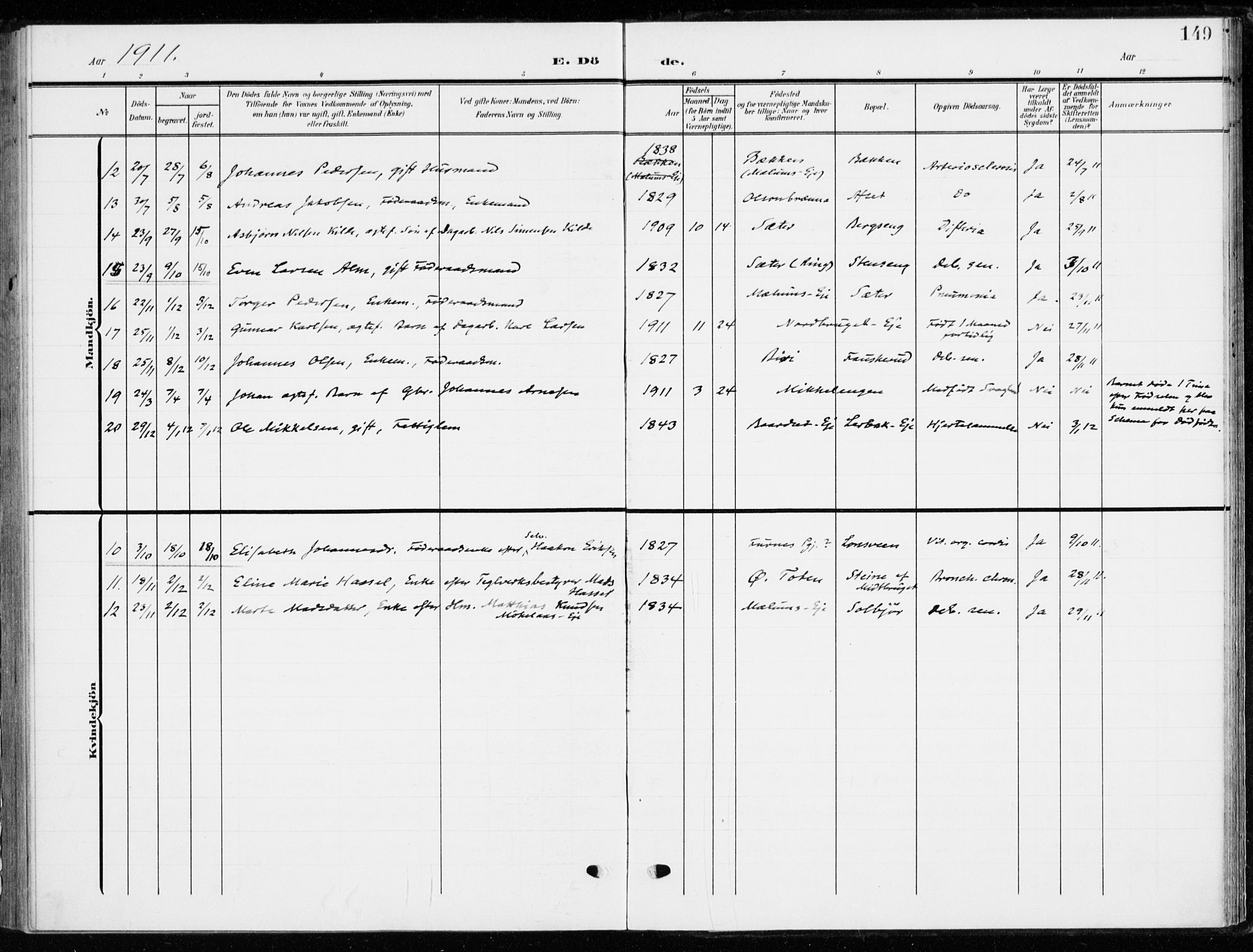 Ringsaker prestekontor, SAH/PREST-014/K/Ka/L0021: Ministerialbok nr. 21, 1905-1920, s. 149