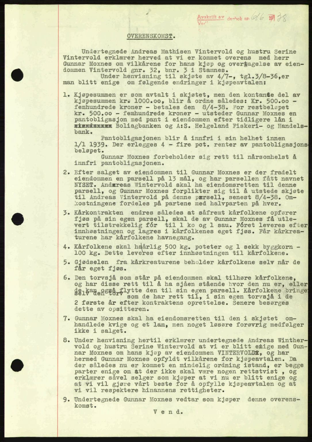 Alstahaug sorenskriveri, SAT/A-1009: Pantebok nr. A3, 1937-1938, Dagboknr: 616/1938
