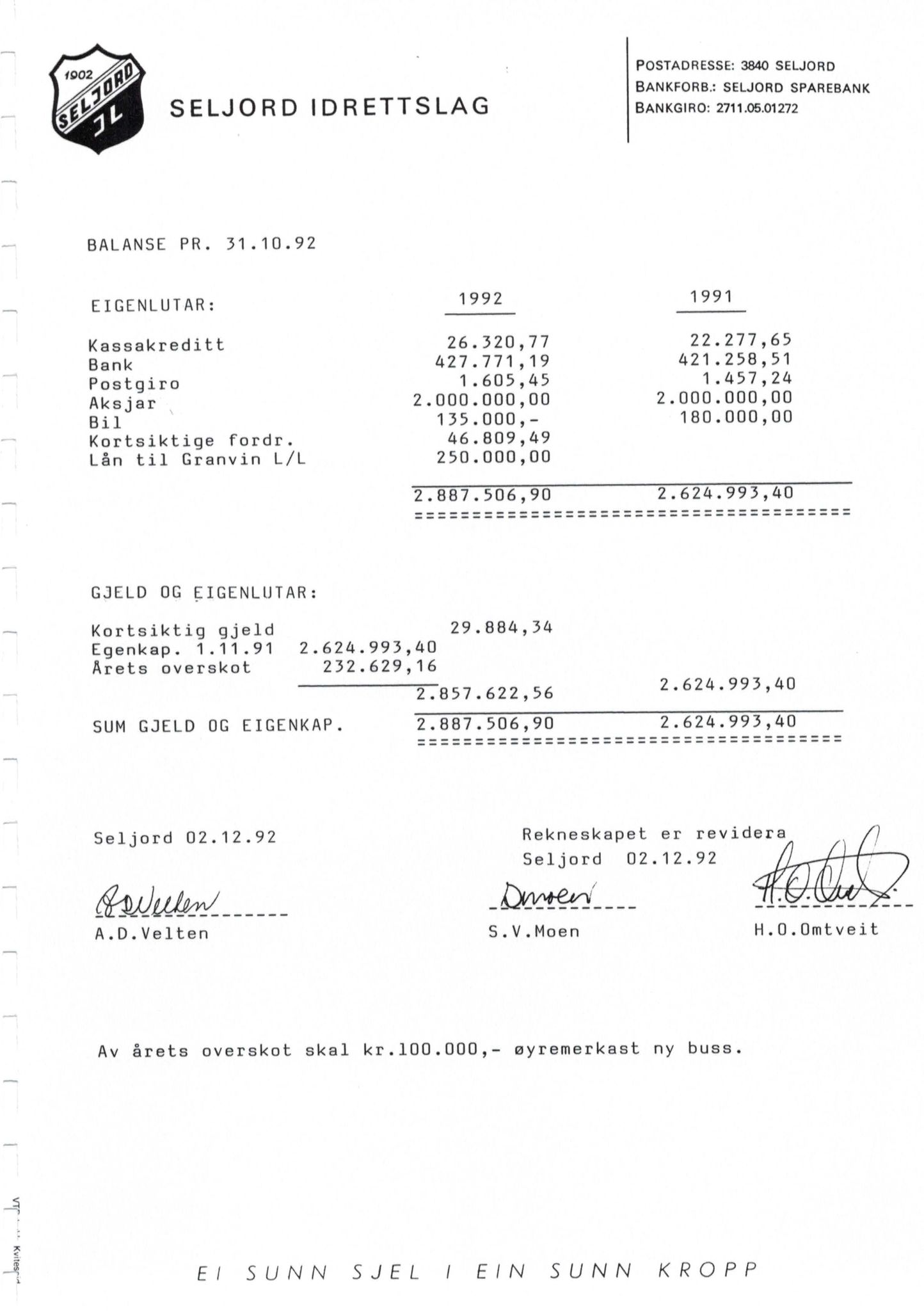 Seljord Idrettslag, VTM/A-1034/A/Ab/L0002: Årsmeldingar, 1992