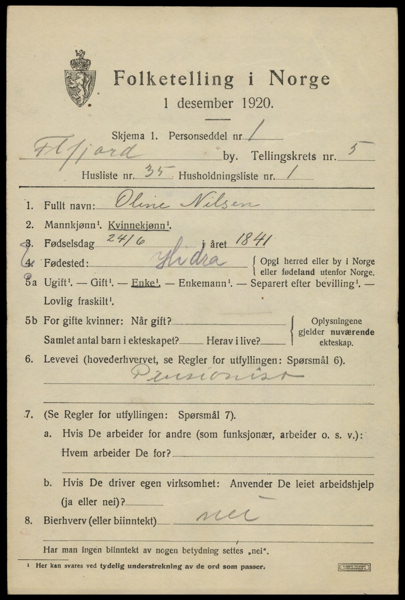 SAK, Folketelling 1920 for 1004 Flekkefjord kjøpstad, 1920, s. 5732