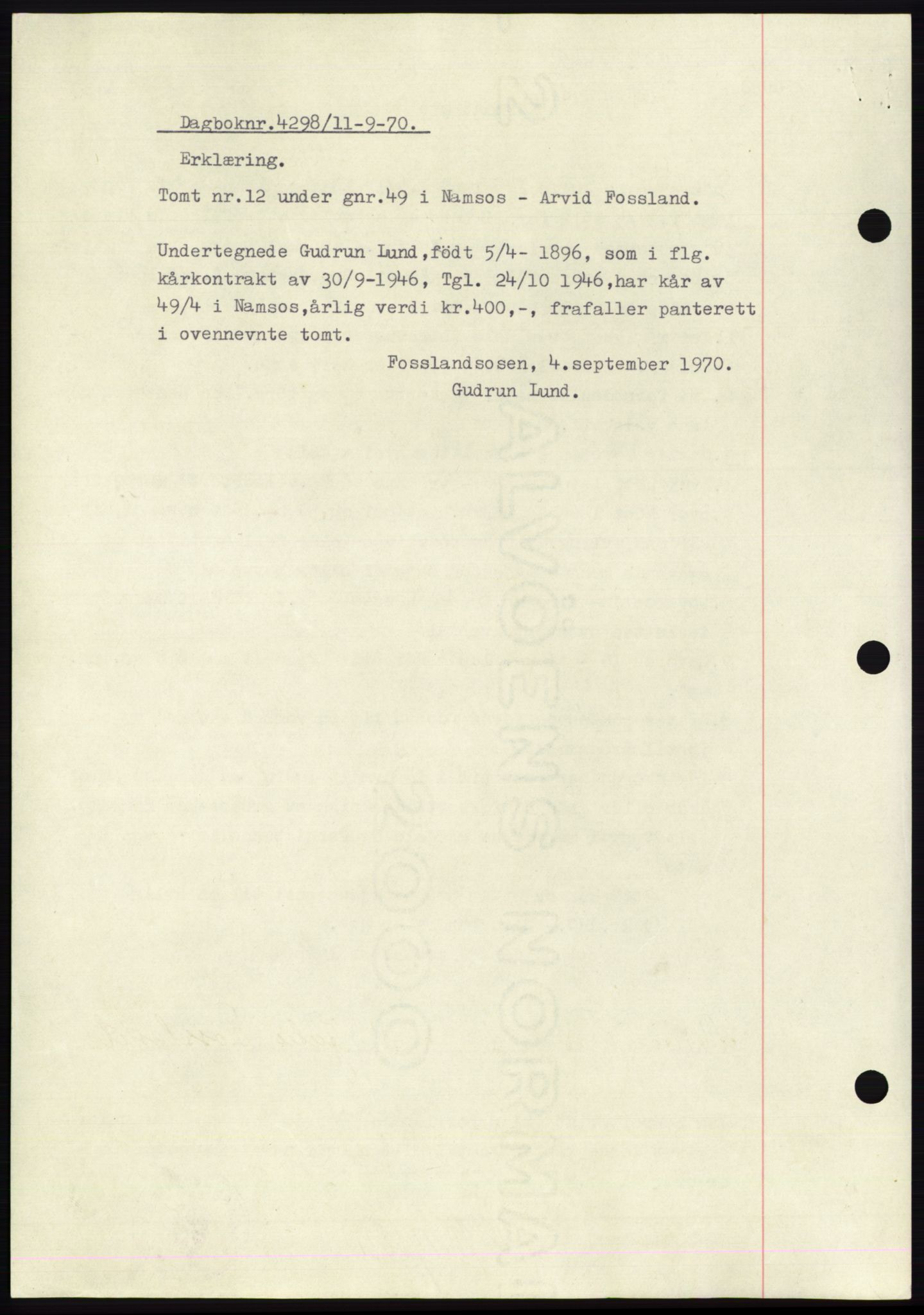 Namdal sorenskriveri, SAT/A-4133/1/2/2C: Pantebok nr. -, 1946-1947, Dagboknr: 4298/1946