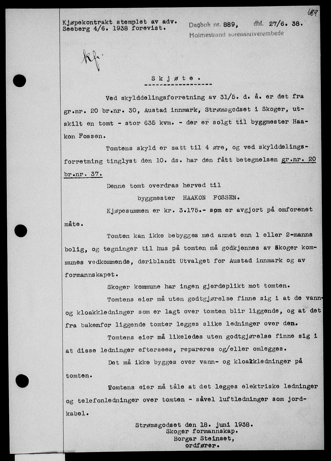 Holmestrand sorenskriveri, SAKO/A-67/G/Ga/Gaa/L0049: Pantebok nr. A-49, 1937-1938, Dagboknr: 889/1938