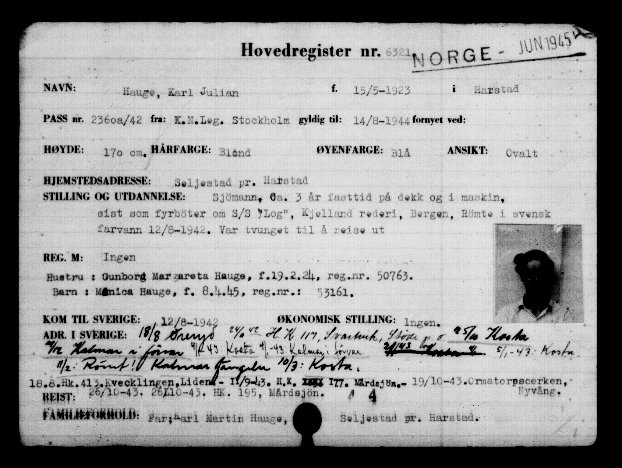 Utenriksstasjonene, Legasjonen i Stockholm, Flyktningkontoret, AV/RA-S-6753/V/Va/L0004: Kjesäterkartoteket, flyktninger med registreringsnr. 3496-6610, 1940-1945, s. 3336