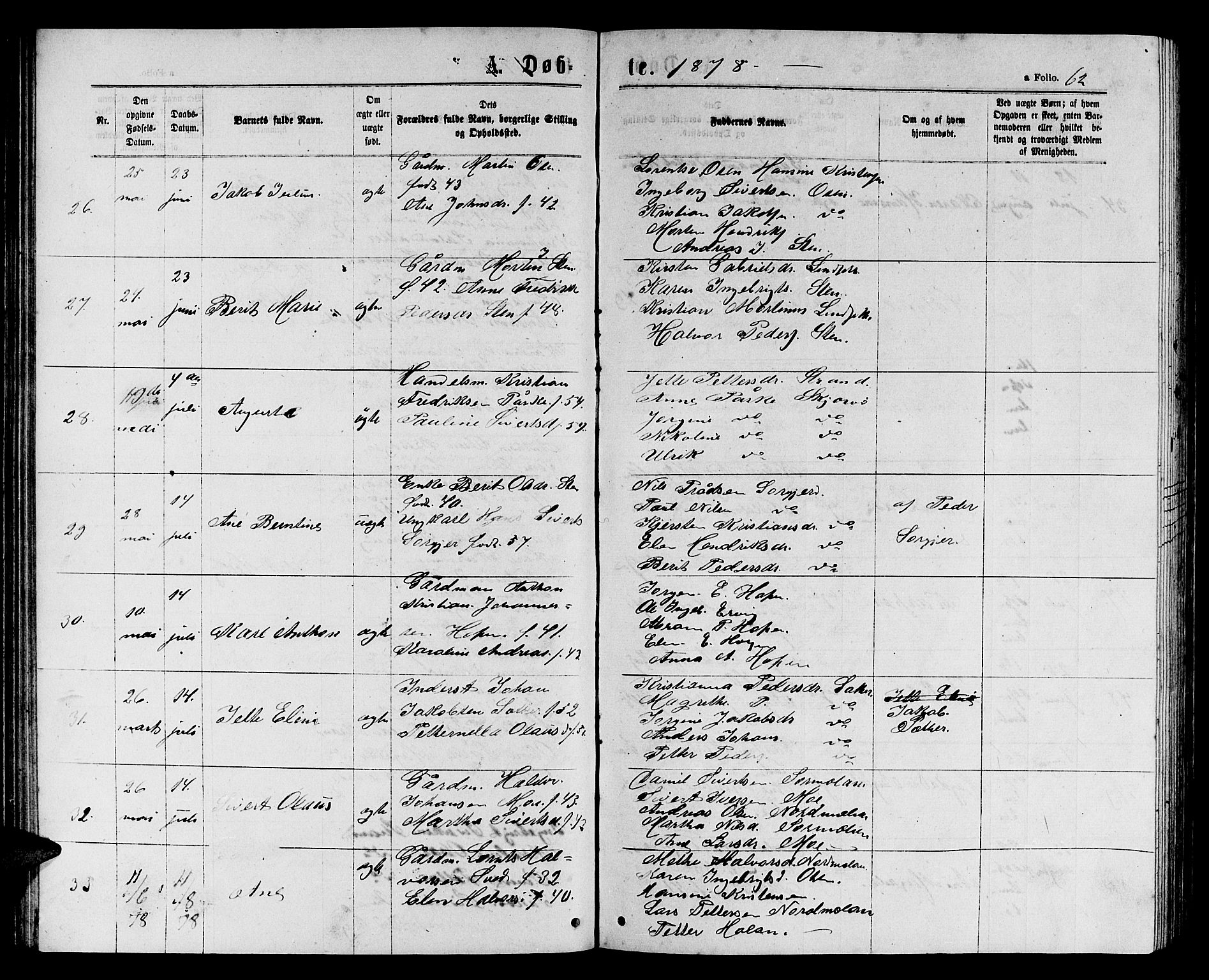Ministerialprotokoller, klokkerbøker og fødselsregistre - Sør-Trøndelag, SAT/A-1456/658/L0725: Klokkerbok nr. 658C01, 1867-1882, s. 62