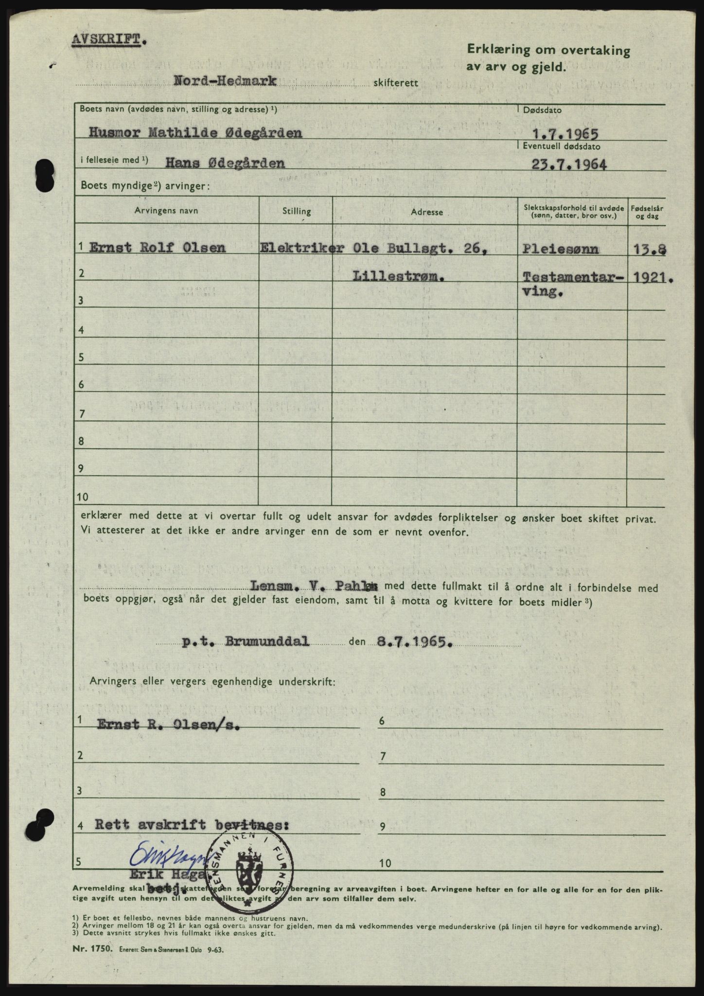 Nord-Hedmark sorenskriveri, SAH/TING-012/H/Hc/L0022: Pantebok nr. 22, 1965-1965, Dagboknr: 3915/1965