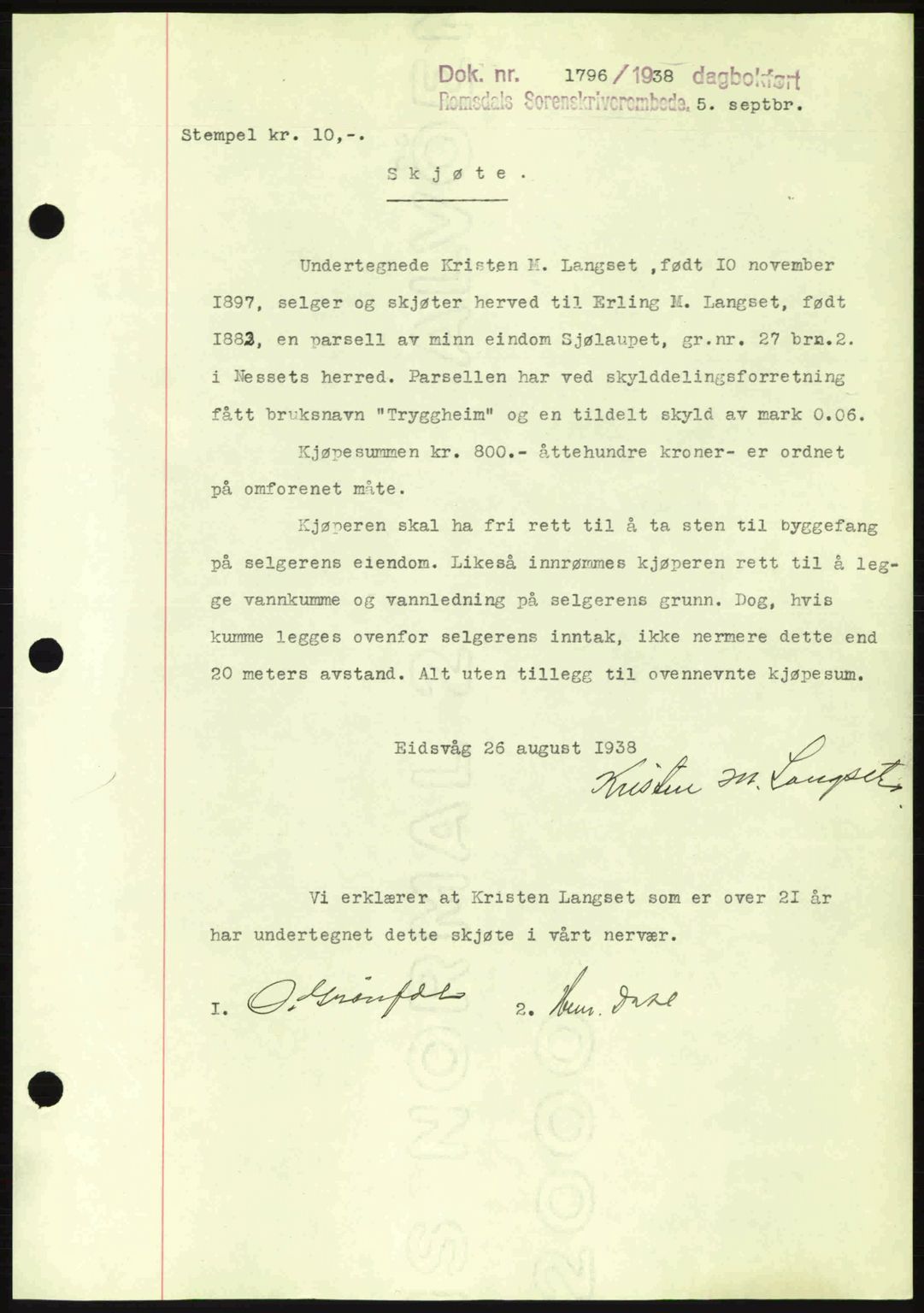 Romsdal sorenskriveri, SAT/A-4149/1/2/2C: Pantebok nr. A5, 1938-1938, Dagboknr: 1796/1938