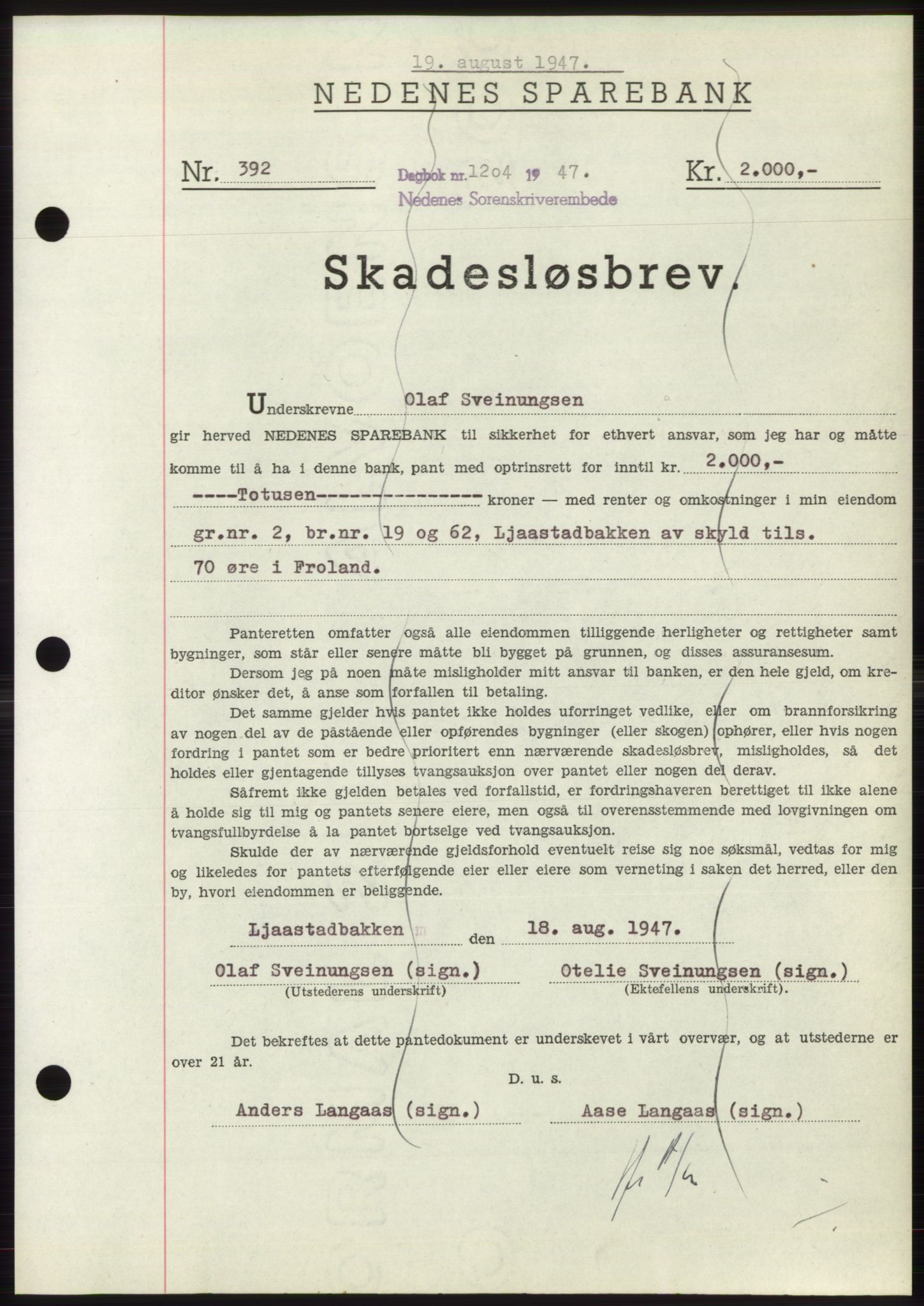 Nedenes sorenskriveri, AV/SAK-1221-0006/G/Gb/Gbb/L0004: Pantebok nr. B4, 1947-1947, Dagboknr: 1204/1947