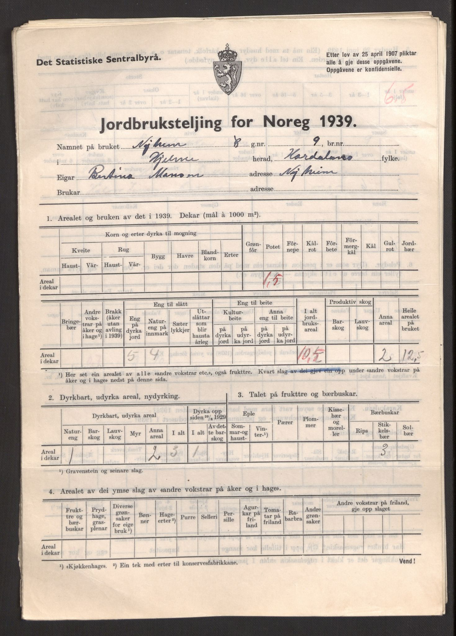 Statistisk sentralbyrå, Næringsøkonomiske emner, Jordbruk, skogbruk, jakt, fiske og fangst, AV/RA-S-2234/G/Gb/L0211: Hordaland: Herdla, Hjelme og Manger, 1939, s. 1251