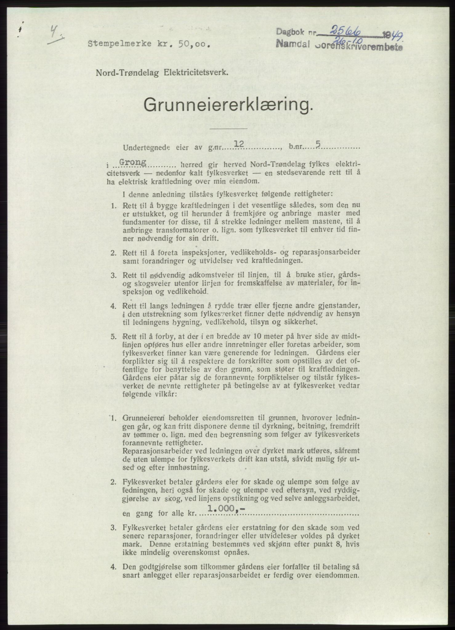 Namdal sorenskriveri, SAT/A-4133/1/2/2C: Pantebok nr. -, 1949-1949, Dagboknr: 2566/1949