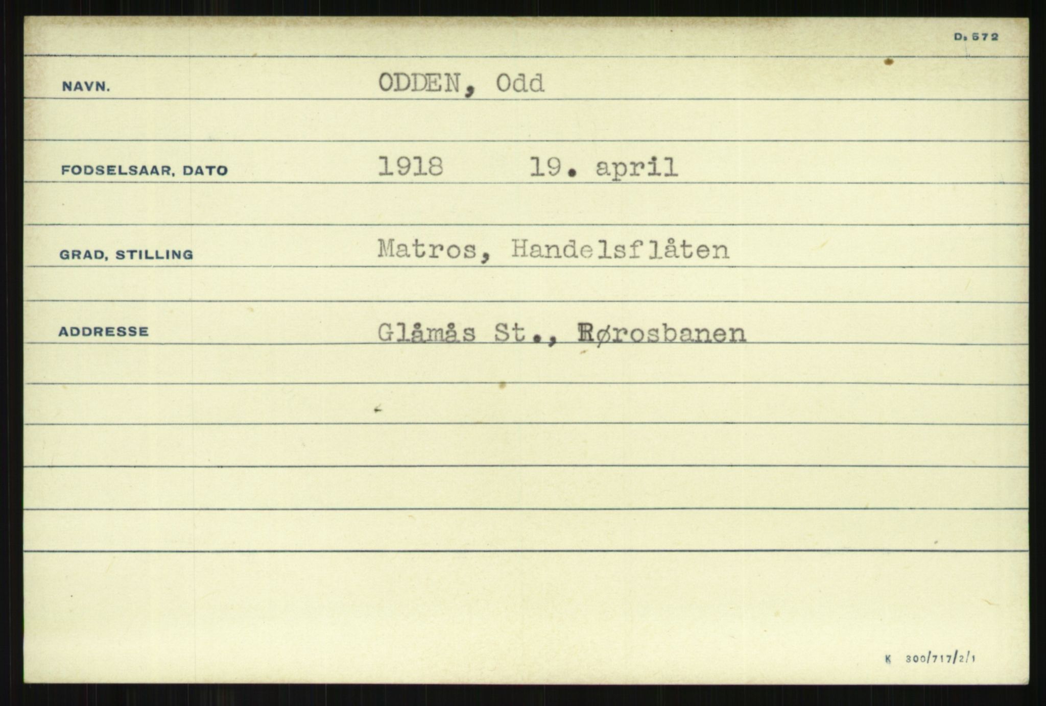 Direktoratet for sjømenn, RA/S-3545/G/Gi/L0008: Kartotek over krigsdekorasjoner tildelt nordmenn under krigen, 1940-1945, s. 1