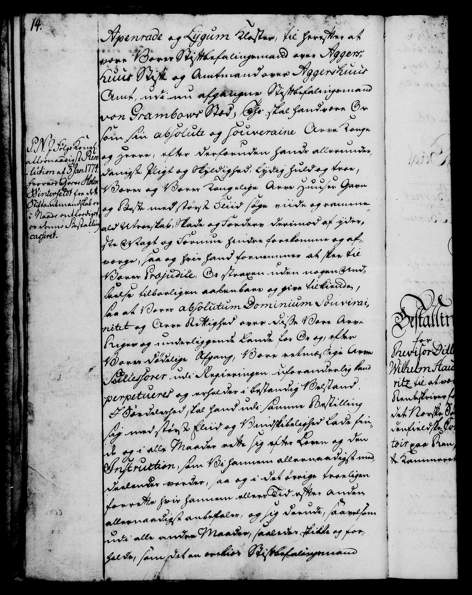 Rentekammeret, Kammerkanselliet, RA/EA-3111/G/Gg/Gge/L0006: Norsk bestallingsprotokoll med register (merket RK 53.30), 1773-1814, s. 14