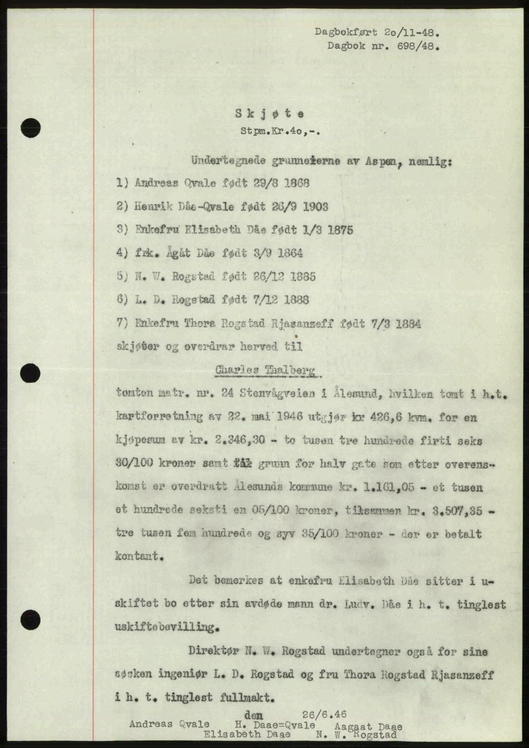 Ålesund byfogd, AV/SAT-A-4384: Pantebok nr. 37A (1), 1947-1949, Dagboknr: 698/1948