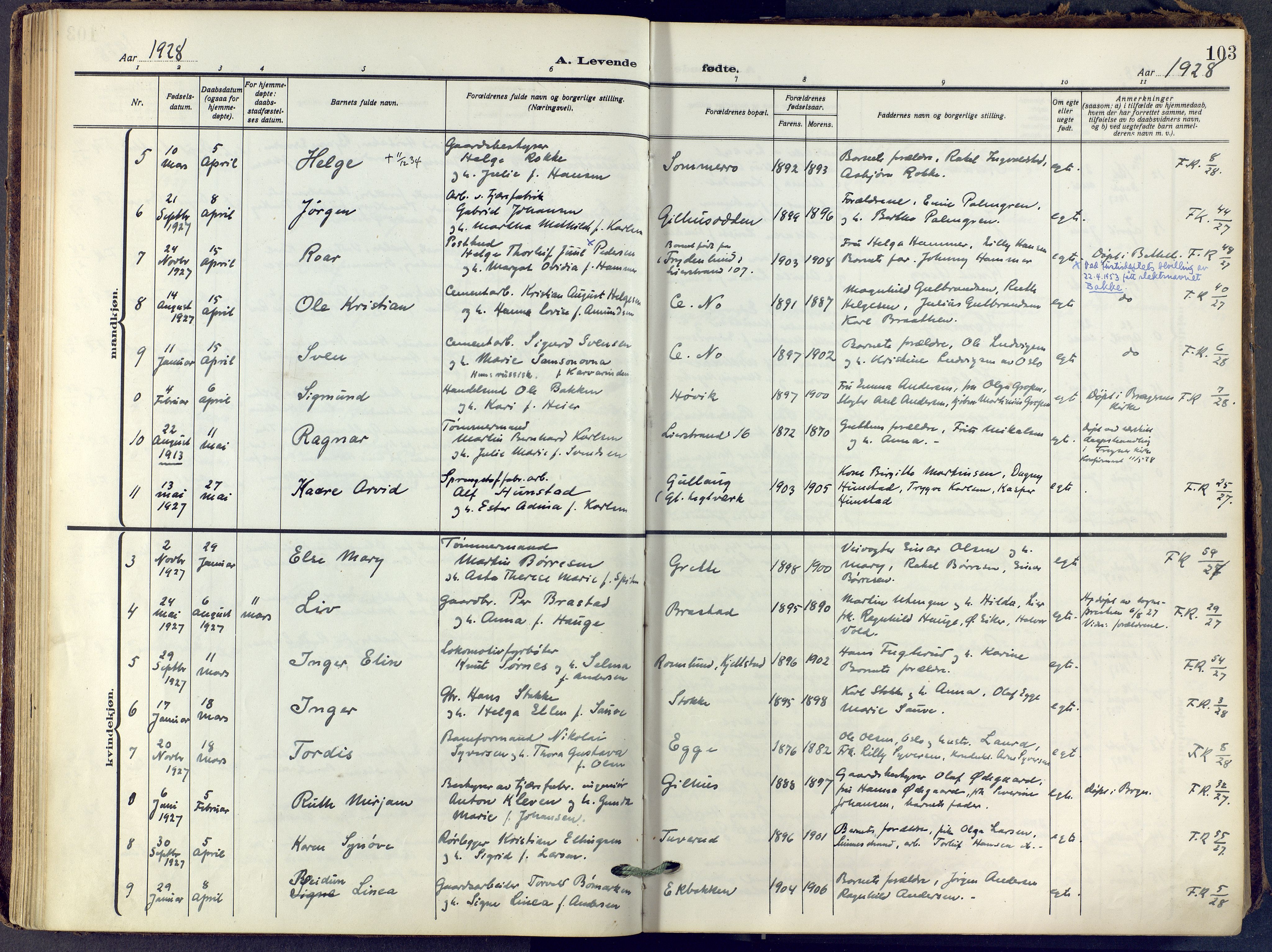 Lier kirkebøker, SAKO/A-230/F/Fa/L0019: Ministerialbok nr. I 19, 1918-1928, s. 103