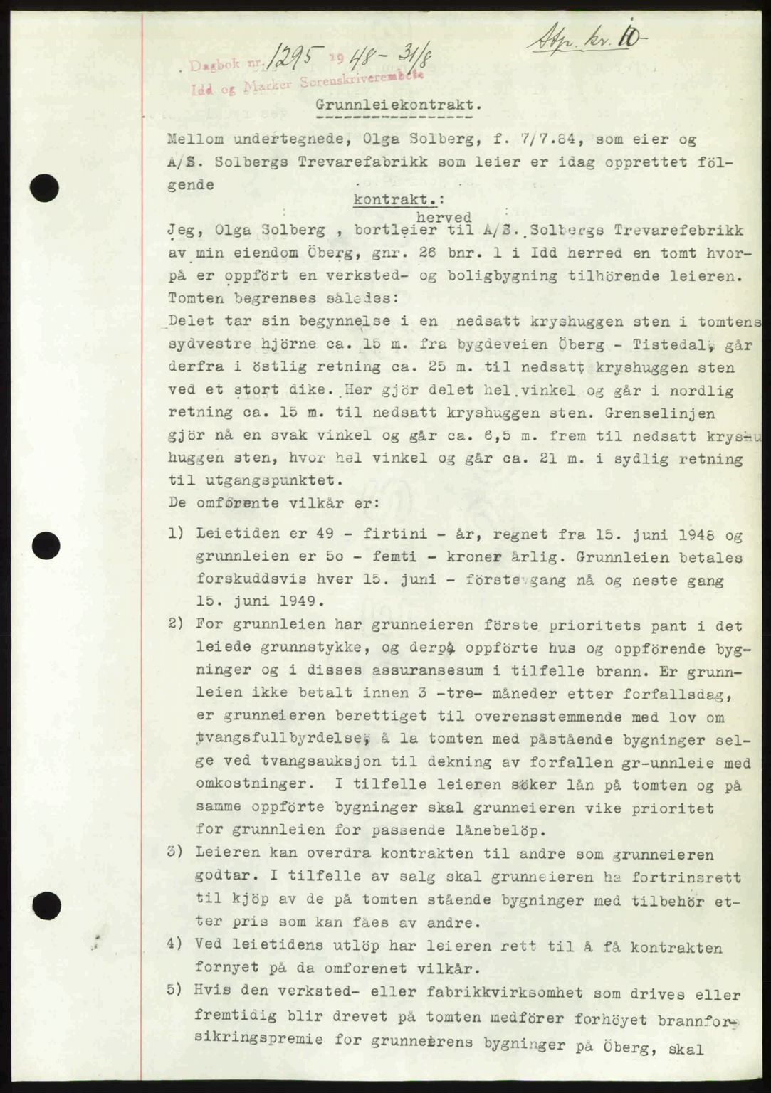 Idd og Marker sorenskriveri, SAO/A-10283/G/Gb/Gbb/L0011: Pantebok nr. A11, 1948-1949, Dagboknr: 1295/1948