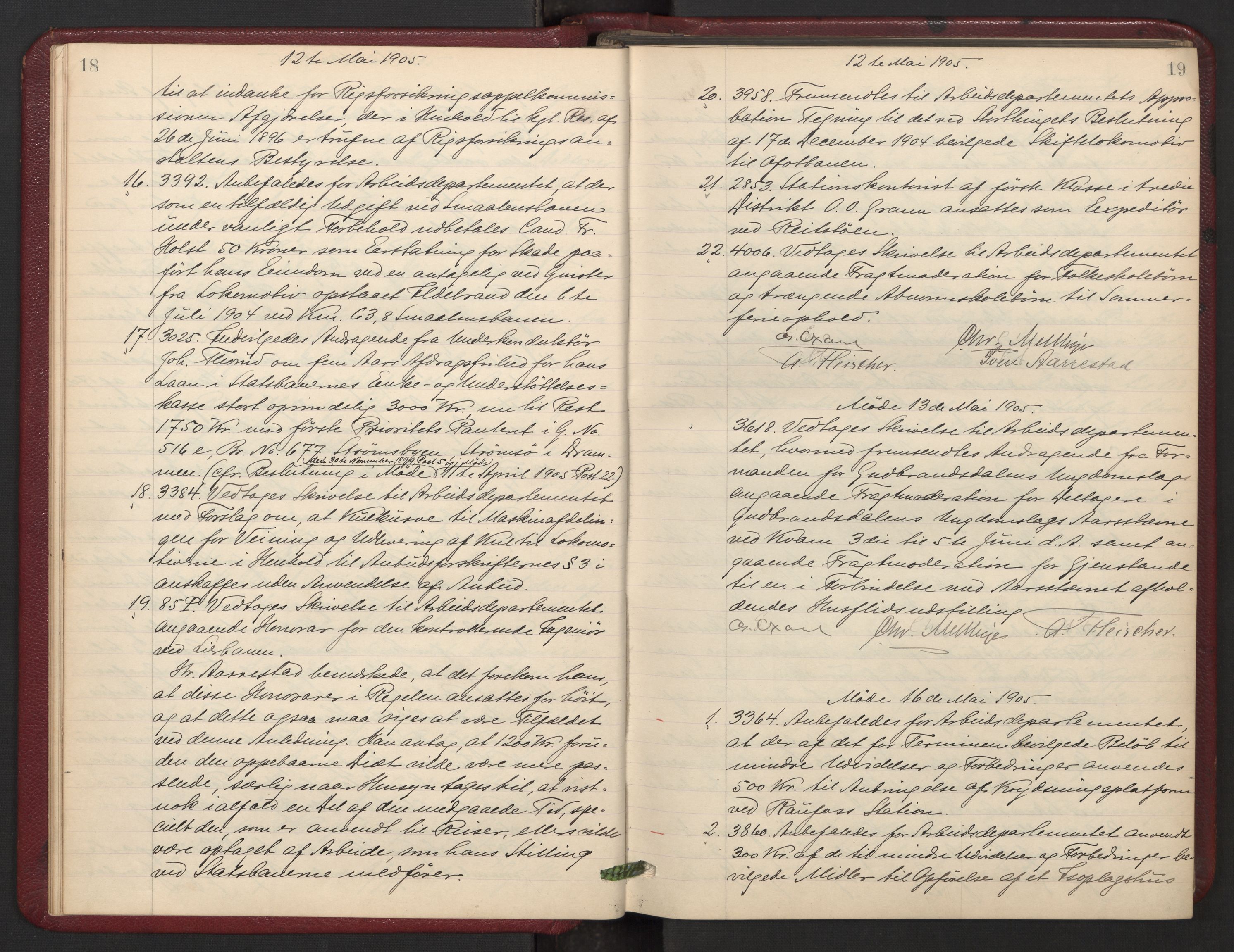Norges statsbaner, Administrasjons- økonomi- og personalavdelingen, AV/RA-S-3412/A/Aa/L0008: Forhandlingsprotokoll, 1905-1907, s. 18-19