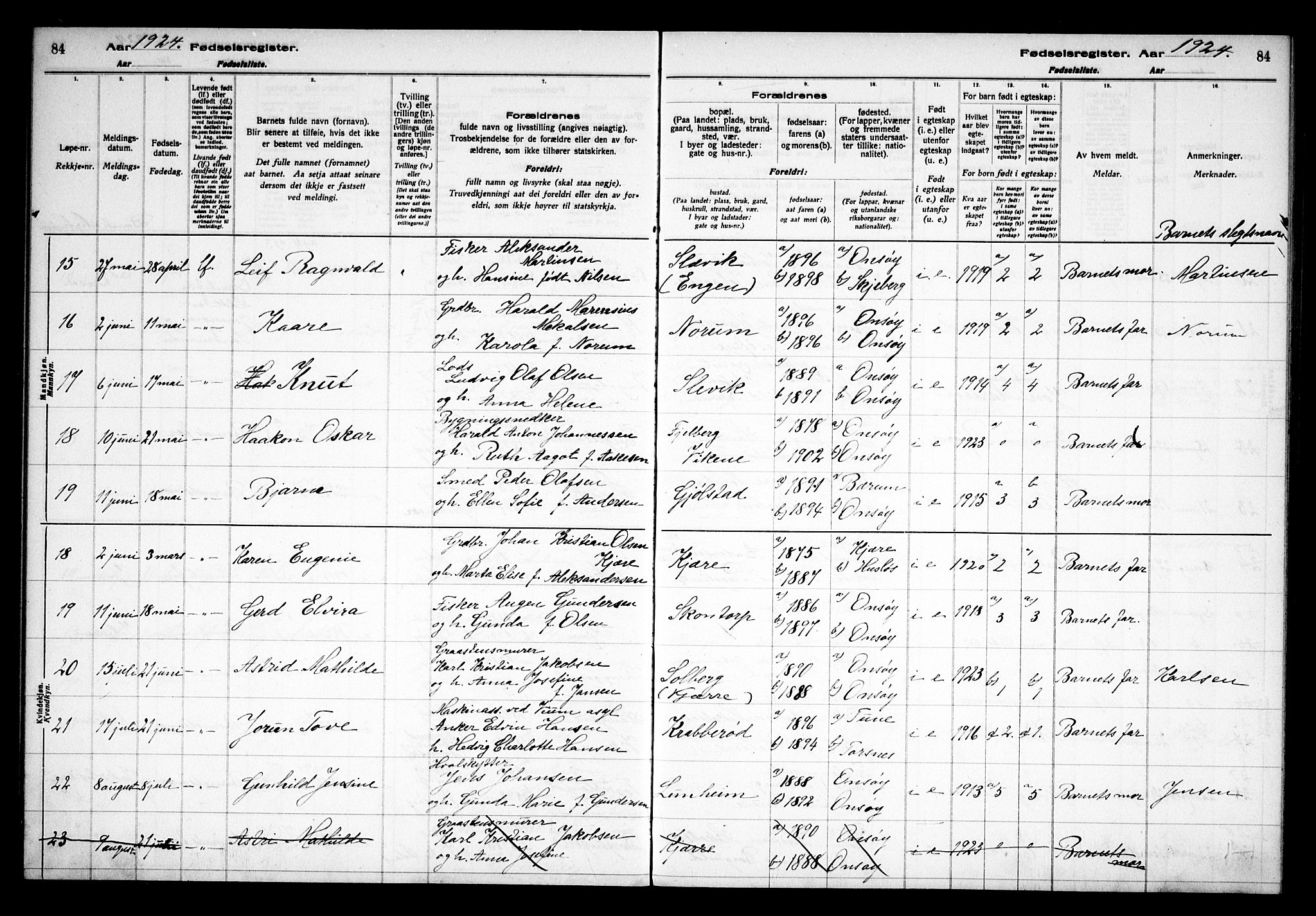 Onsøy prestekontor Kirkebøker, AV/SAO-A-10914/J/Ja/L0001: Fødselsregister nr. I 1, 1916-1937, s. 84