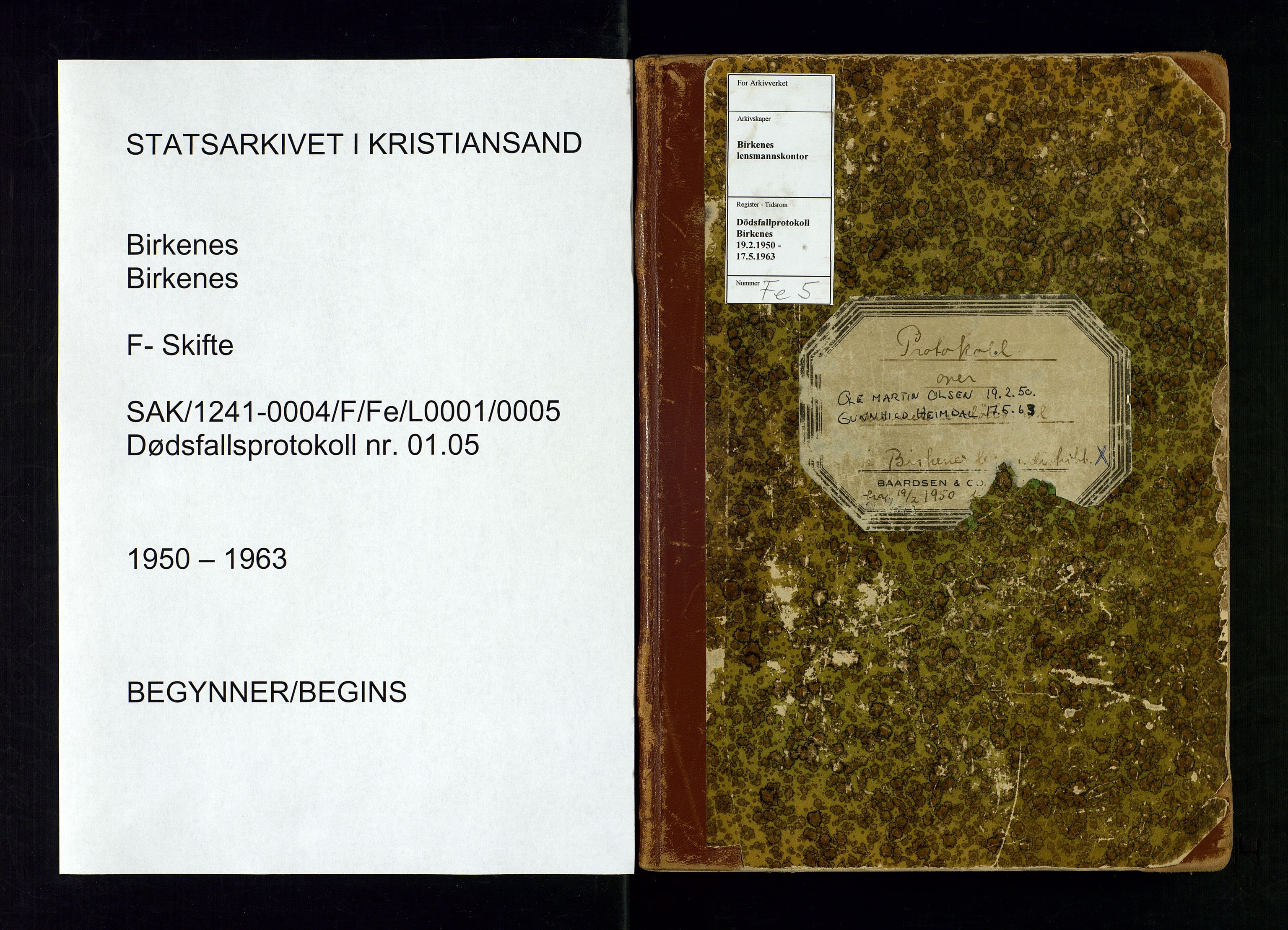 Birkenes lensmannskontor, SAK/1241-0004/F/Fe/L0001/0005: Dødsfallsprotokoller / Dødsfallsprotokoll, 1950-1963