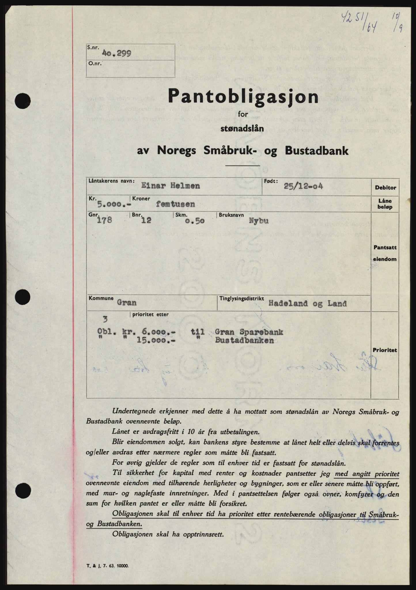 Hadeland og Land tingrett, SAH/TING-010/H/Hb/Hbc/L0056: Pantebok nr. B56, 1964-1964, Dagboknr: 4251/1964