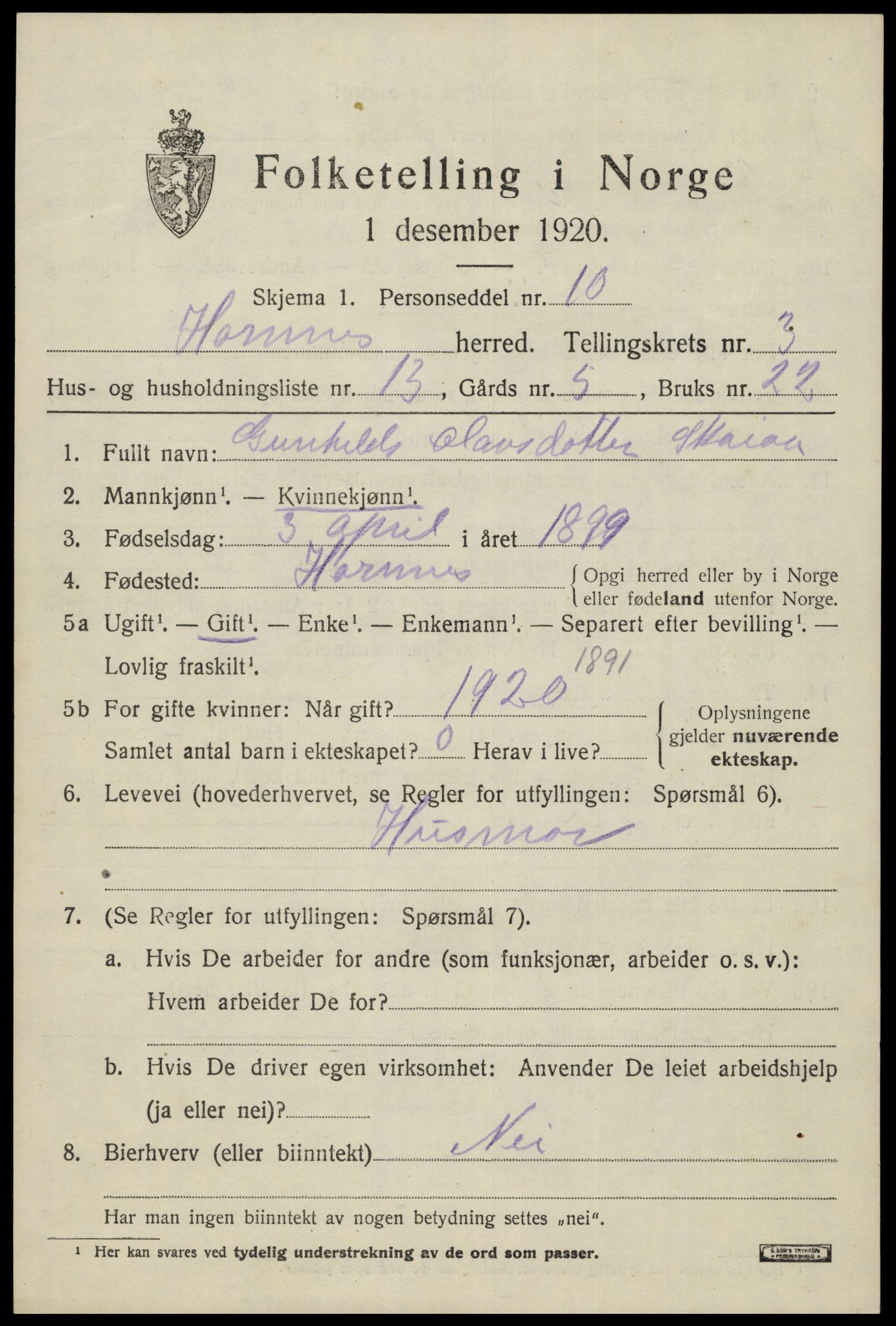 SAK, Folketelling 1920 for 0936 Hornnes herred, 1920, s. 961