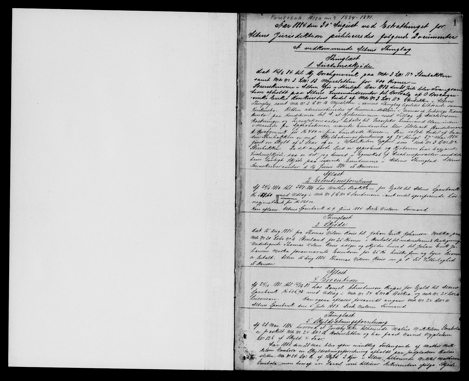 Alta fogderi/sorenskriveri, AV/SATØ-SATØ-5/1/K/Kd/L0009pantebok: Pantebok nr. 9, 1884-1891, s. 1