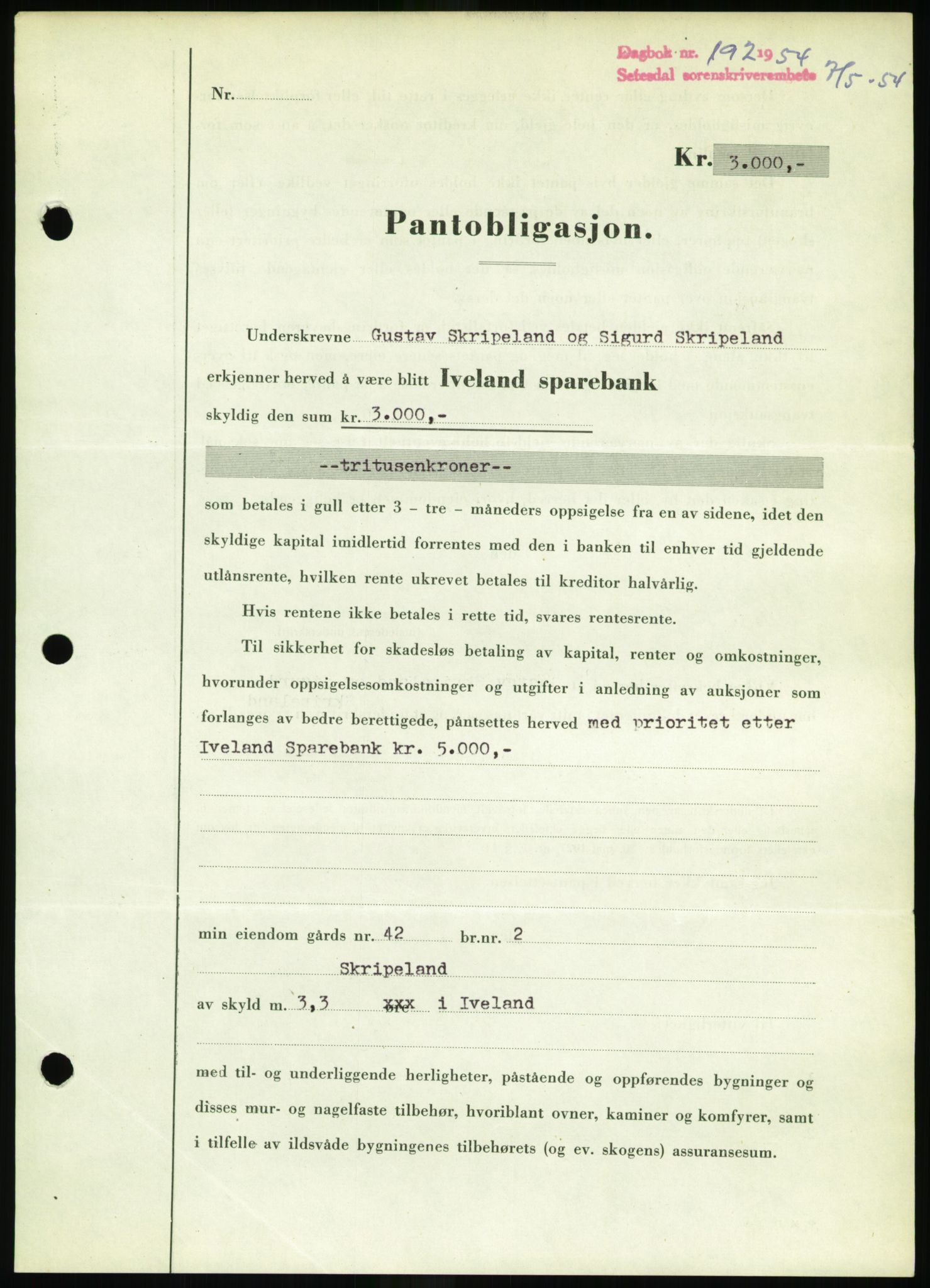 Setesdal sorenskriveri, SAK/1221-0011/G/Gb/L0052: Pantebok nr. B 40, 1954-1955, Dagboknr: 192/1954