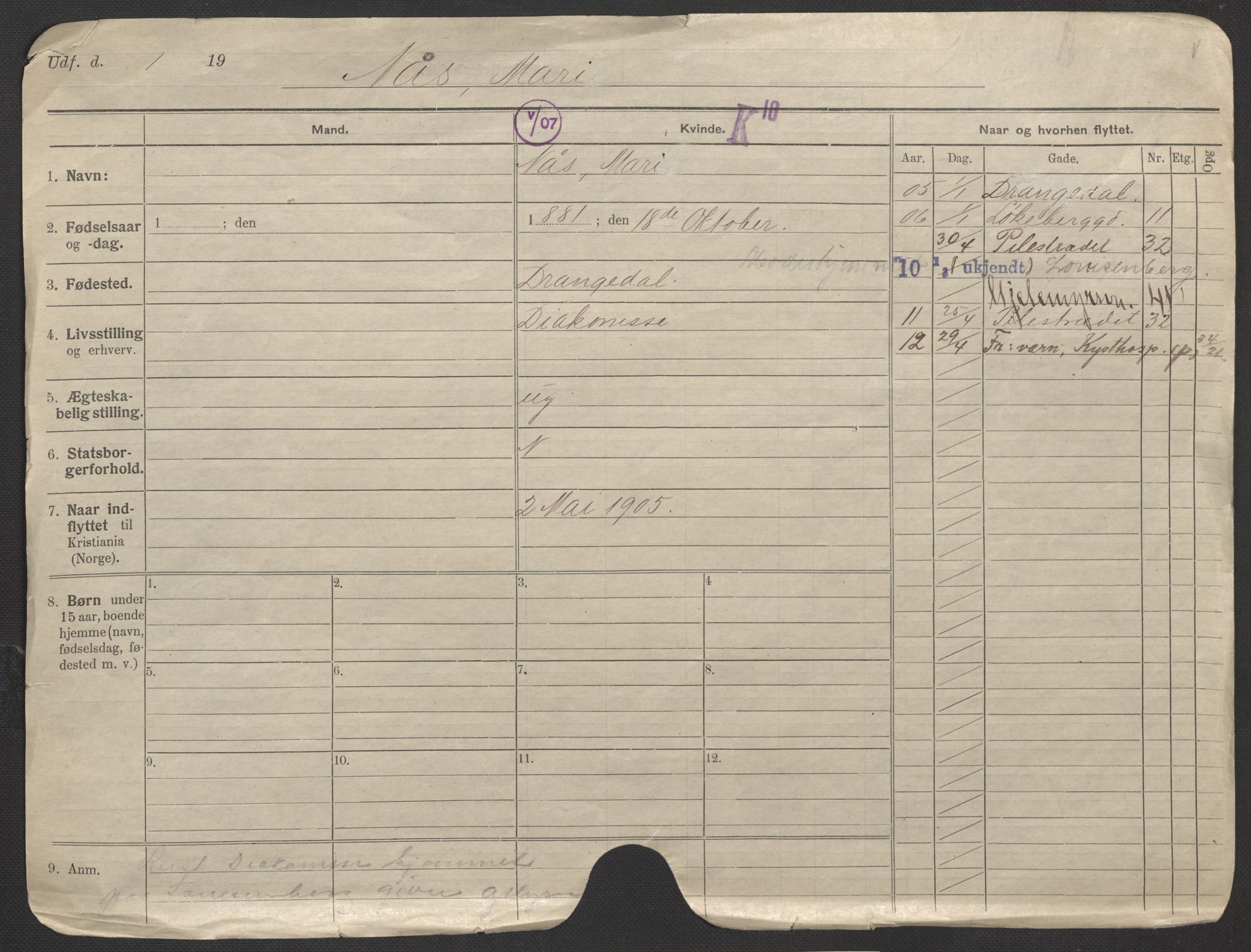Oslo folkeregister, Registerkort, AV/SAO-A-11715/F/Fa/Fac/L0021: Kvinner, 1906-1914, s. 1a