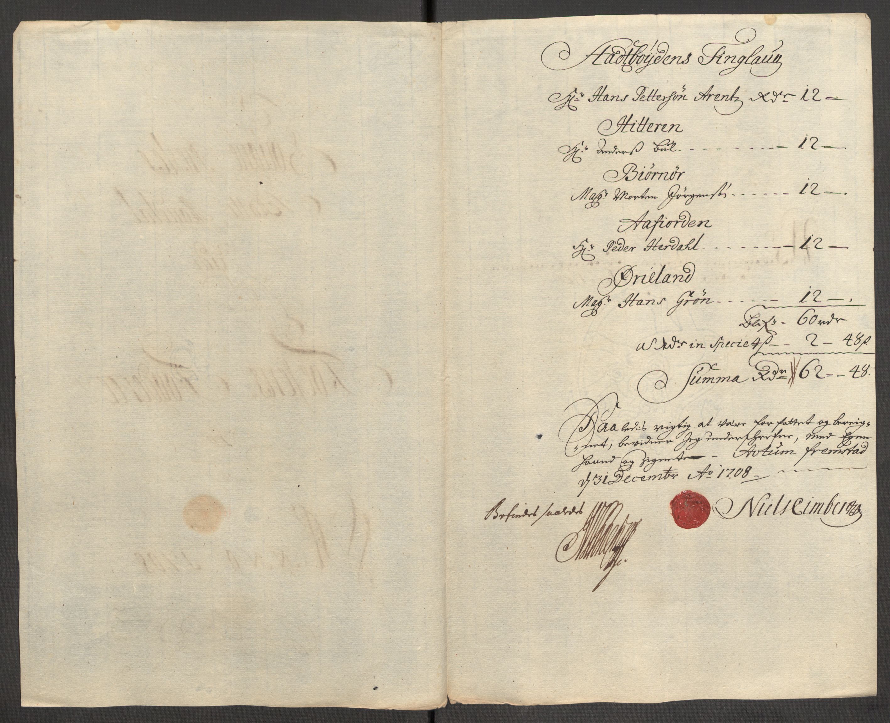 Rentekammeret inntil 1814, Reviderte regnskaper, Fogderegnskap, AV/RA-EA-4092/R57/L3858: Fogderegnskap Fosen, 1708-1709, s. 95