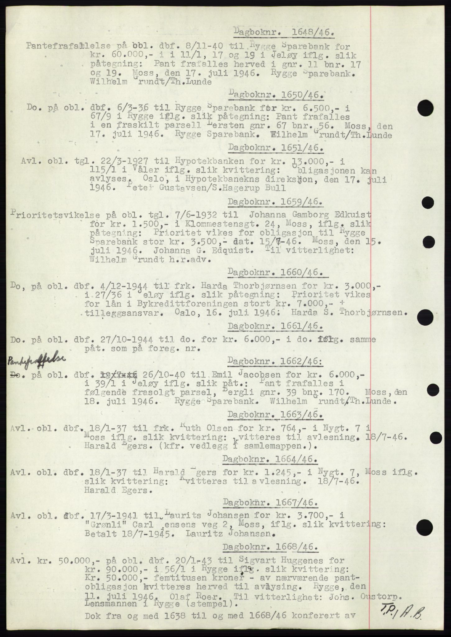 Moss sorenskriveri, SAO/A-10168: Pantebok nr. C10, 1938-1950, Dagboknr: 1648/1946
