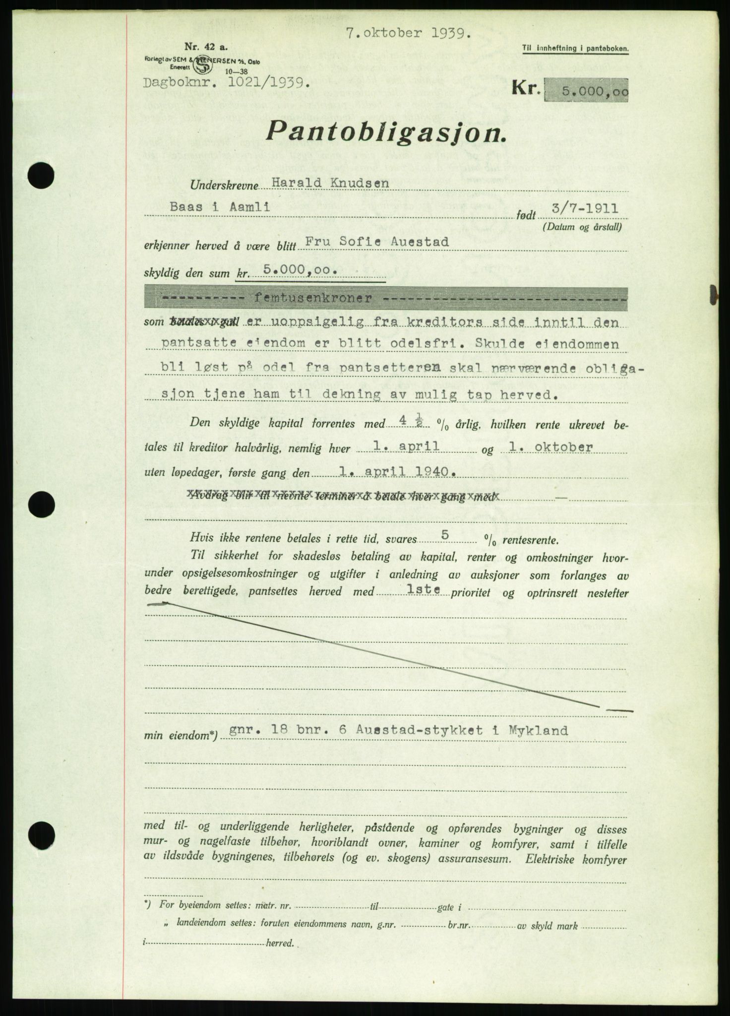 Nedenes sorenskriveri, SAK/1221-0006/G/Gb/Gbb/L0001: Pantebok nr. I, 1939-1942, Dagboknr: 1021/1939