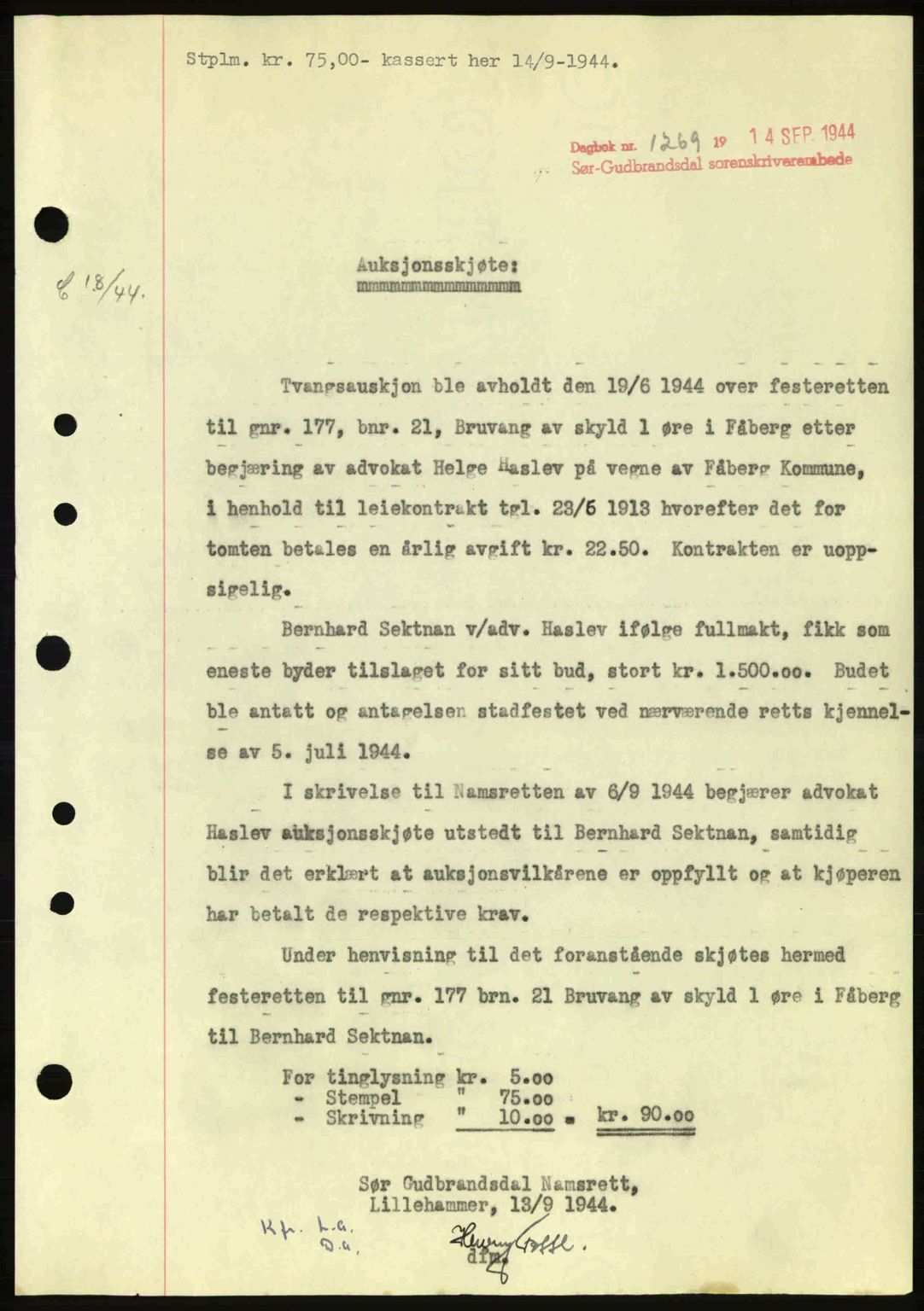 Sør-Gudbrandsdal tingrett, SAH/TING-004/H/Hb/Hbd/L0013: Pantebok nr. A13, 1944-1944, Dagboknr: 1269/1944
