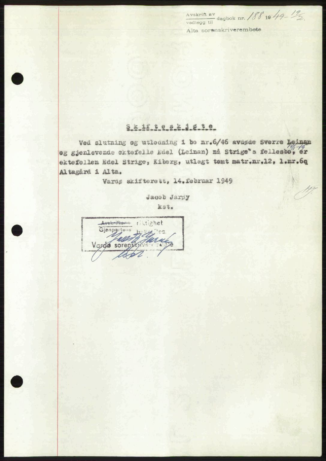 Alta fogderi/sorenskriveri, SATØ/SATØ-5/1/K/Kd/L0037pantebok: Pantebok nr. 39-40, 1948-1949, Dagboknr: 188/1949