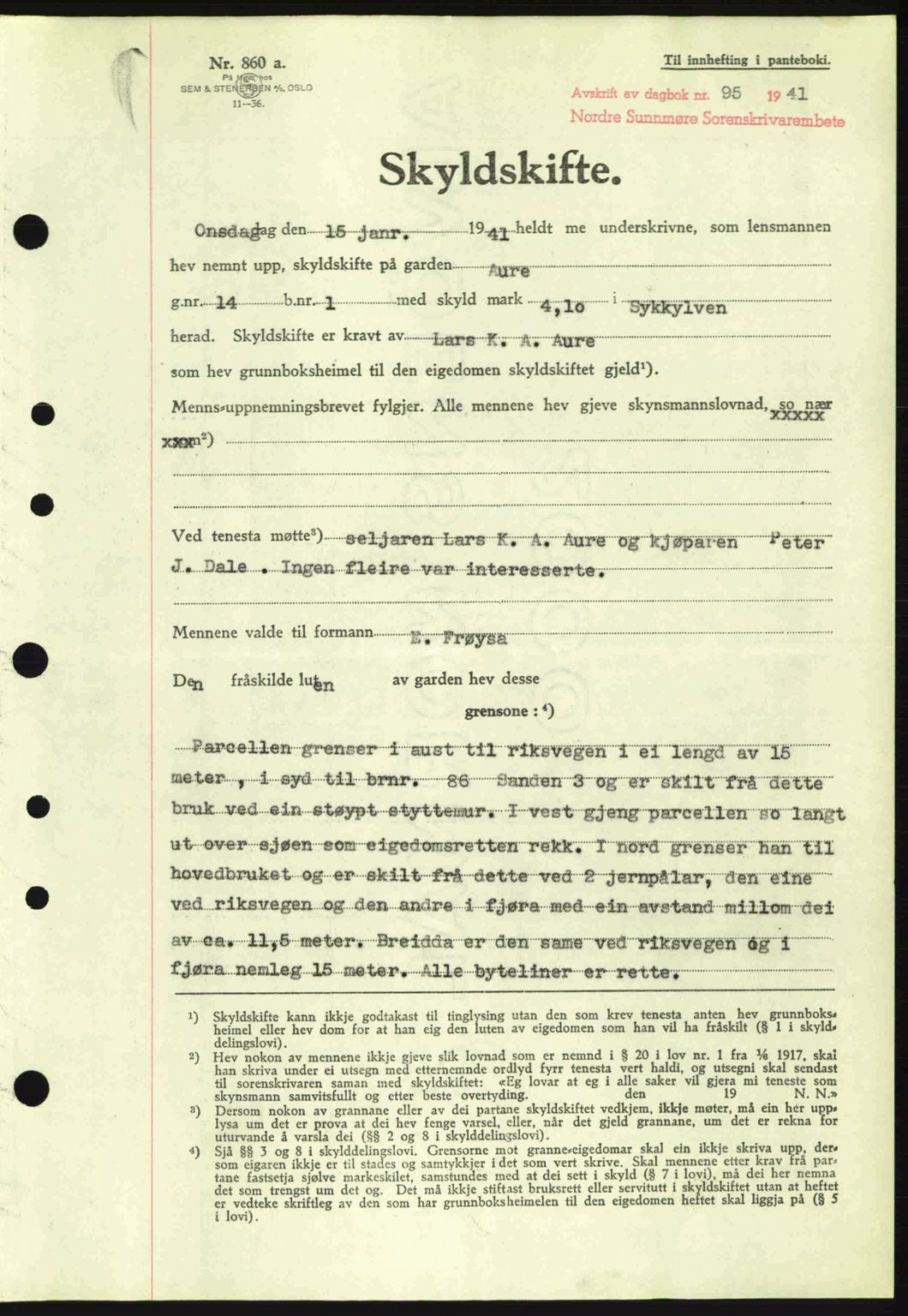 Nordre Sunnmøre sorenskriveri, AV/SAT-A-0006/1/2/2C/2Ca: Pantebok nr. A10, 1940-1941, Dagboknr: 95/1941