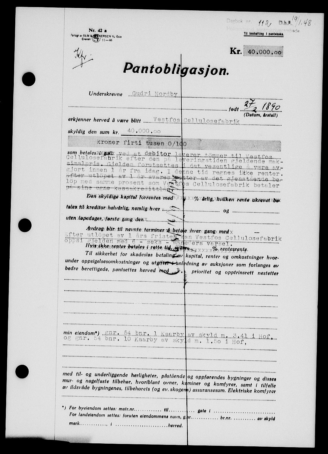 Holmestrand sorenskriveri, SAKO/A-67/G/Ga/Gab/L0058: Pantebok nr. B-58, 1947-1948, Dagboknr: 112/1948