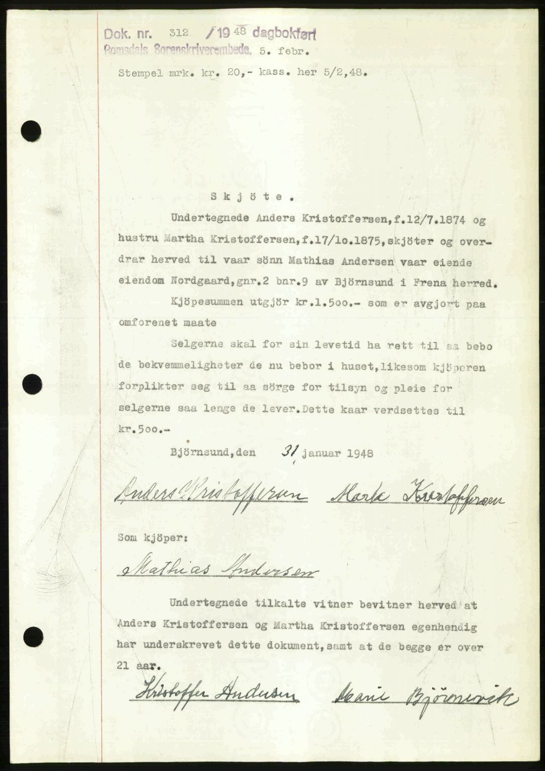 Romsdal sorenskriveri, SAT/A-4149/1/2/2C: Pantebok nr. A25, 1948-1948, Dagboknr: 312/1948