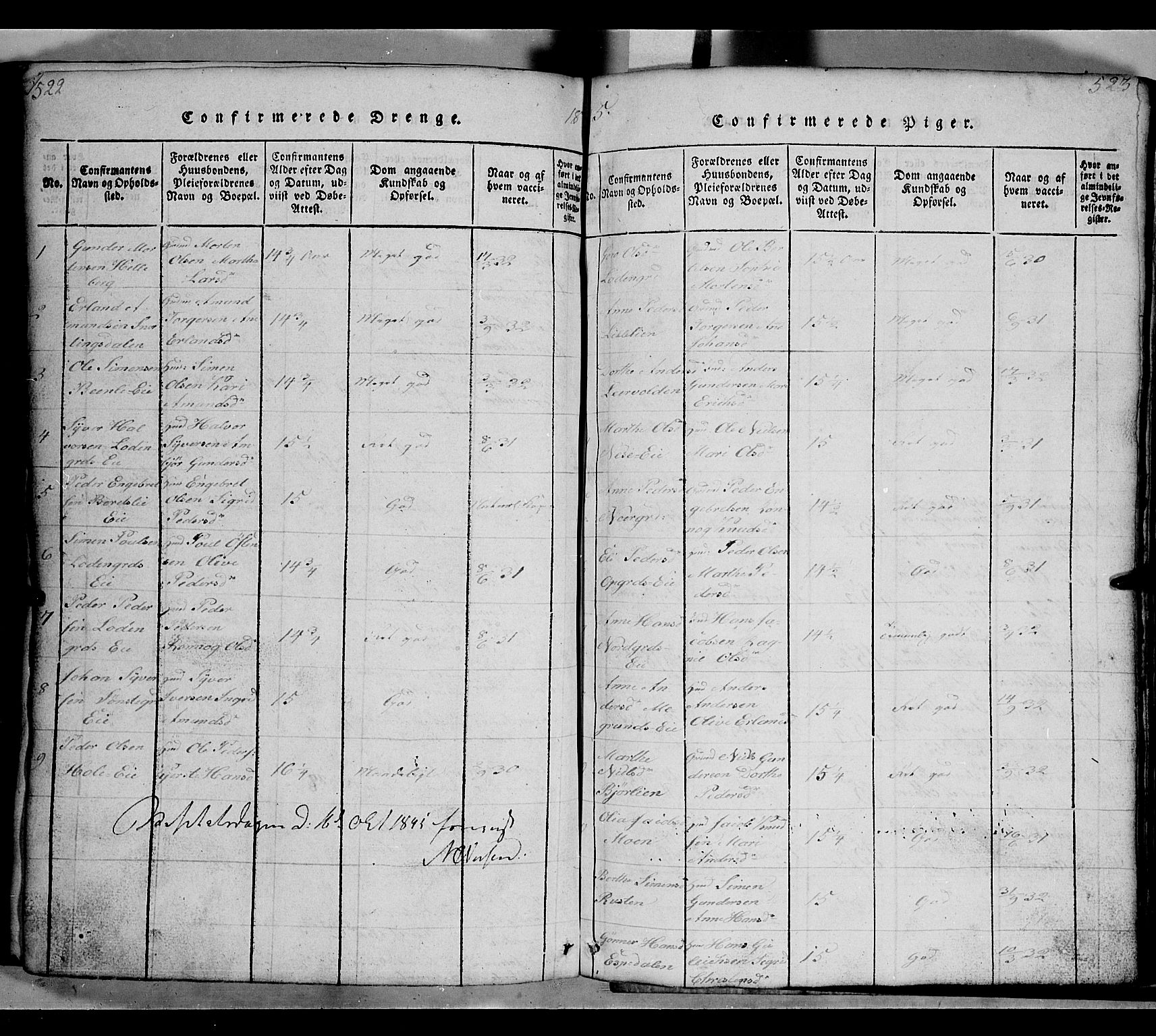 Gausdal prestekontor, AV/SAH-PREST-090/H/Ha/Hab/L0002: Klokkerbok nr. 2, 1818-1874, s. 522-523