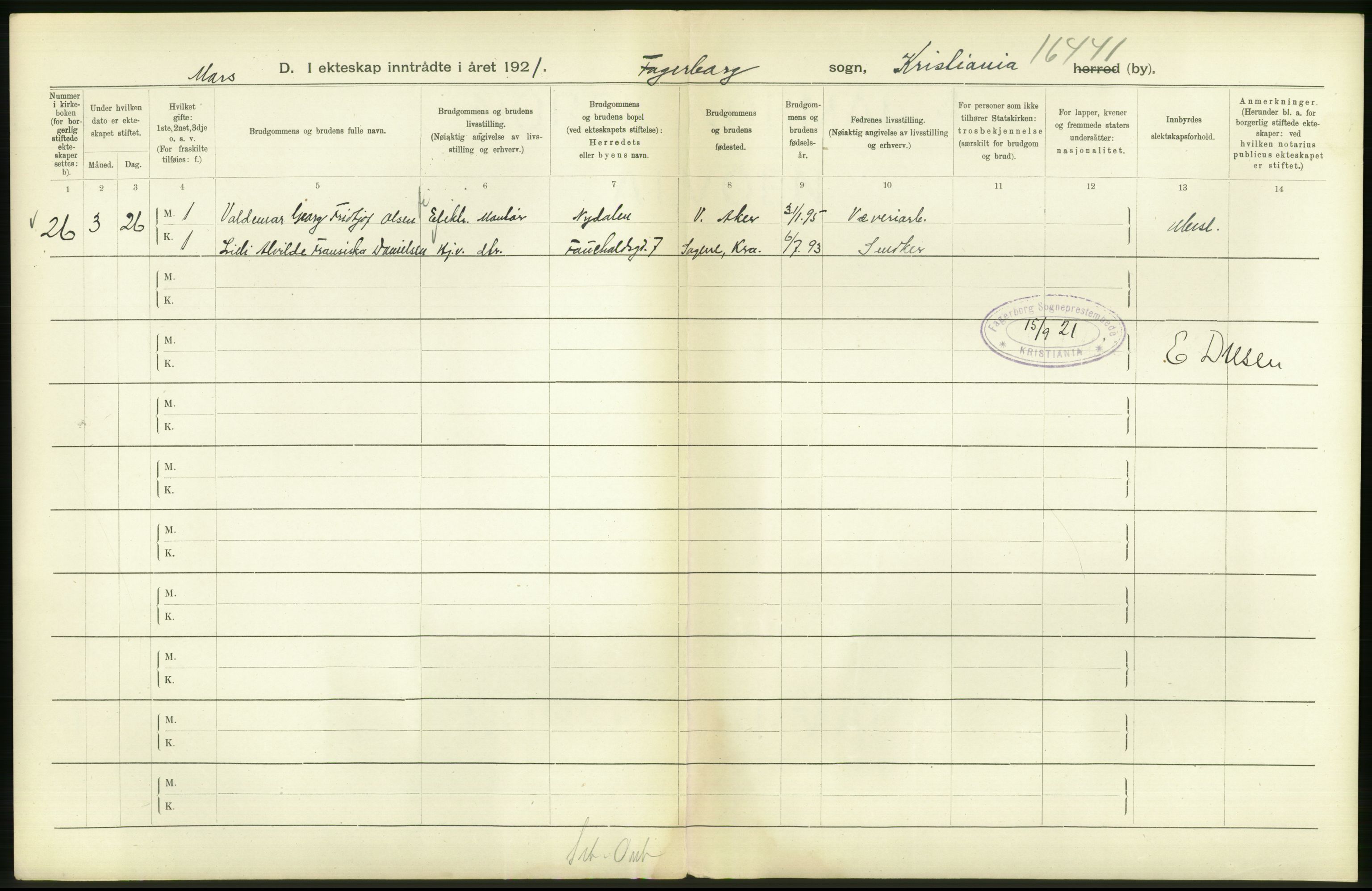 Statistisk sentralbyrå, Sosiodemografiske emner, Befolkning, AV/RA-S-2228/D/Df/Dfc/Dfca/L0011: Kristiania: Gifte, 1921, s. 264