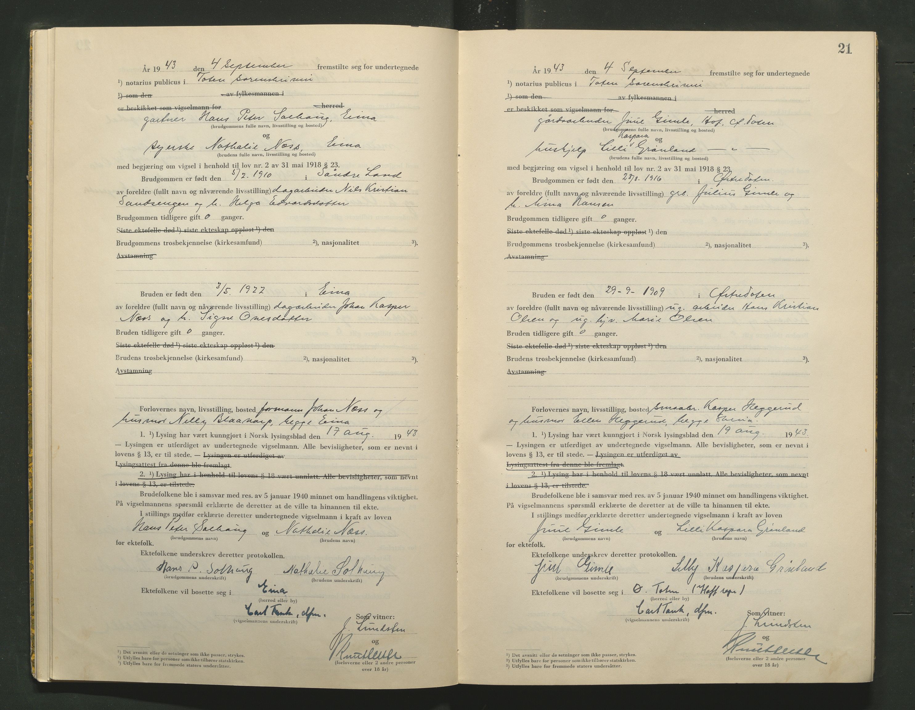 Toten tingrett, AV/SAH-TING-006/L/Lc/L0003: Vigselbok, 1943-1944, s. 21
