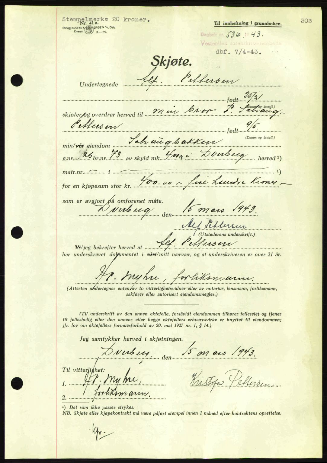 Vesterålen sorenskriveri, AV/SAT-A-4180/1/2/2Ca: Pantebok nr. A14, 1943-1943, Dagboknr: 536/1943