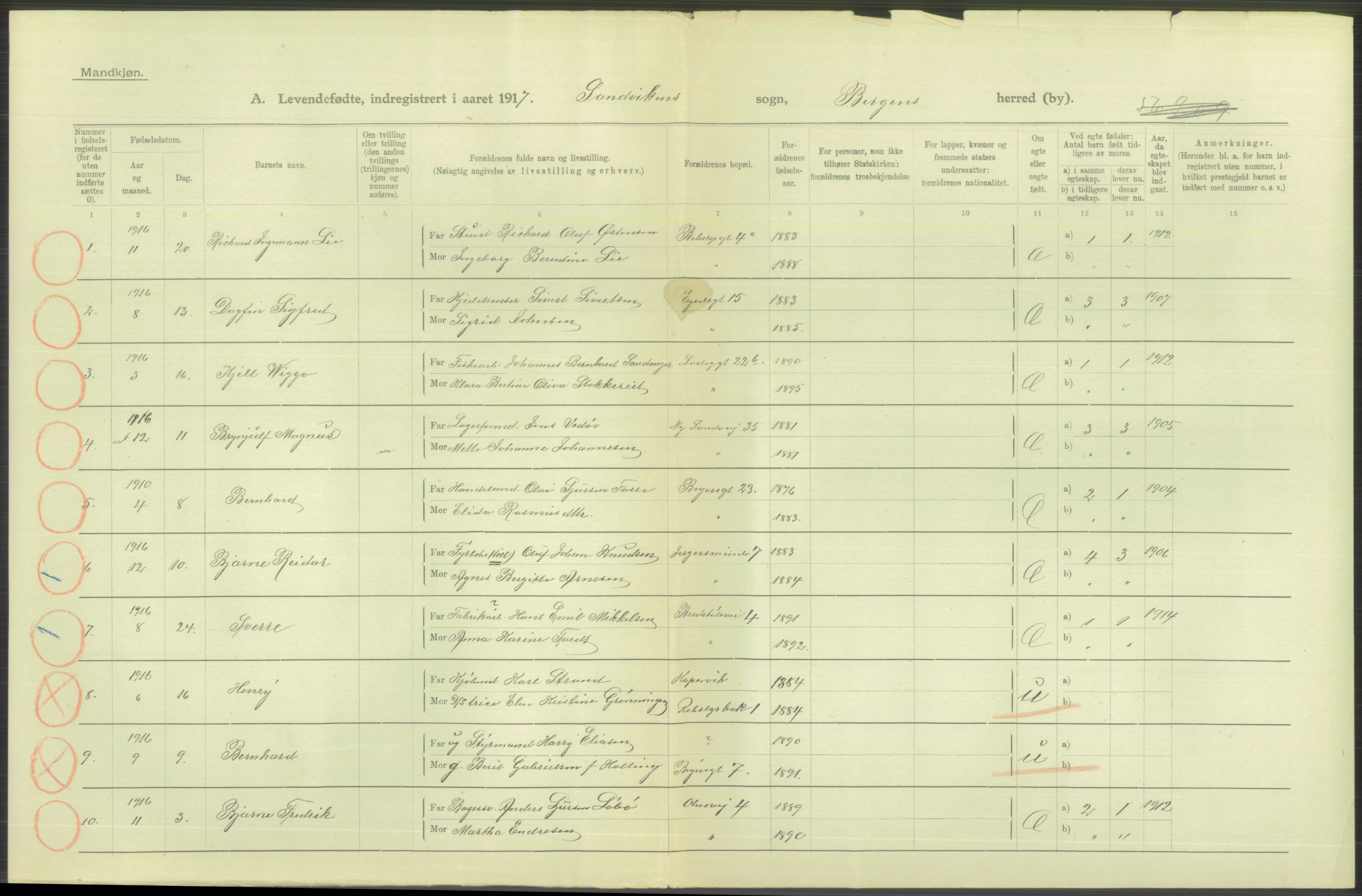 Statistisk sentralbyrå, Sosiodemografiske emner, Befolkning, RA/S-2228/D/Df/Dfb/Dfbg/L0037: Bergen: Levendefødte menn og kvinner., 1917, s. 292