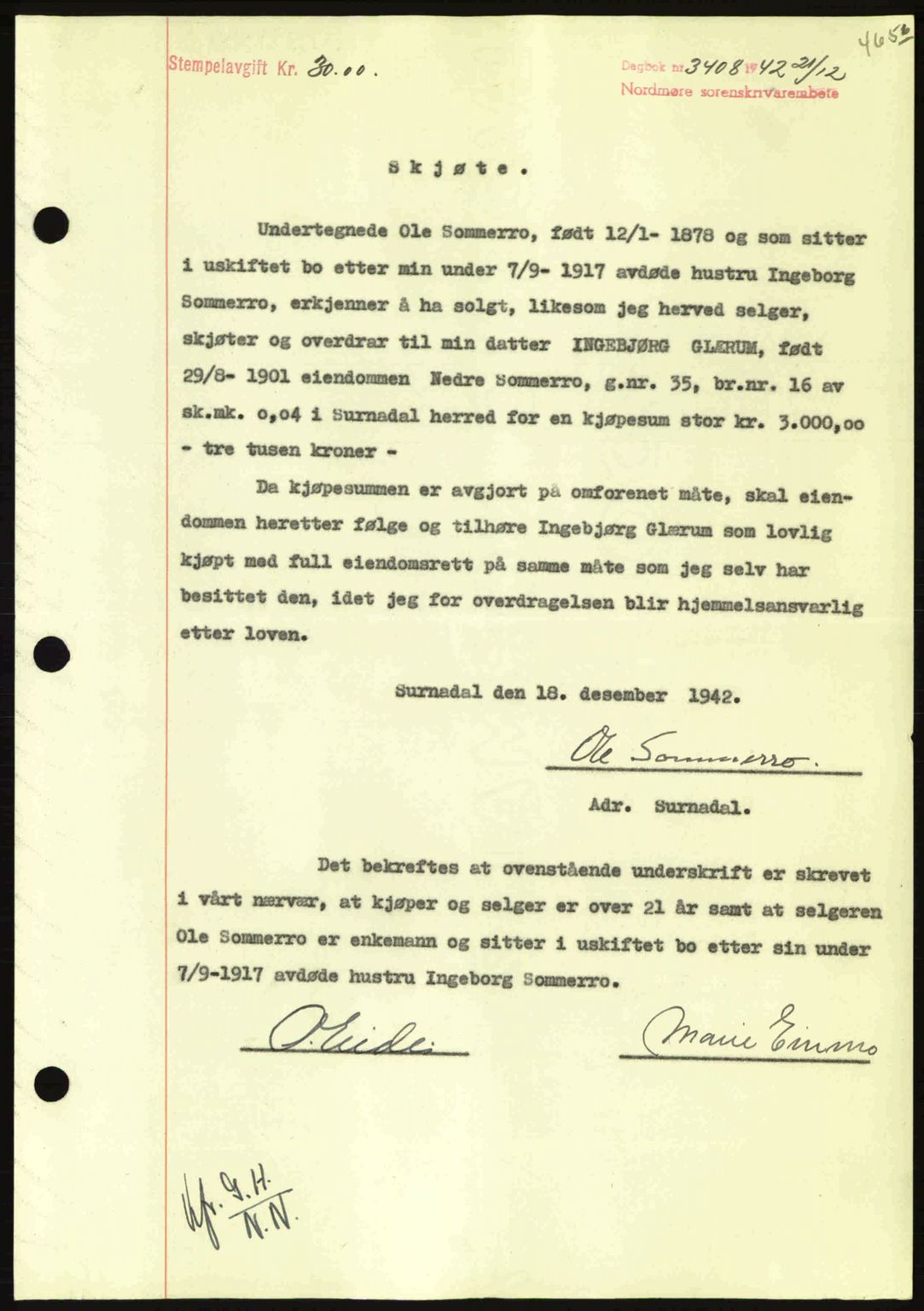 Nordmøre sorenskriveri, AV/SAT-A-4132/1/2/2Ca: Pantebok nr. A94, 1942-1943, Dagboknr: 3408/1942