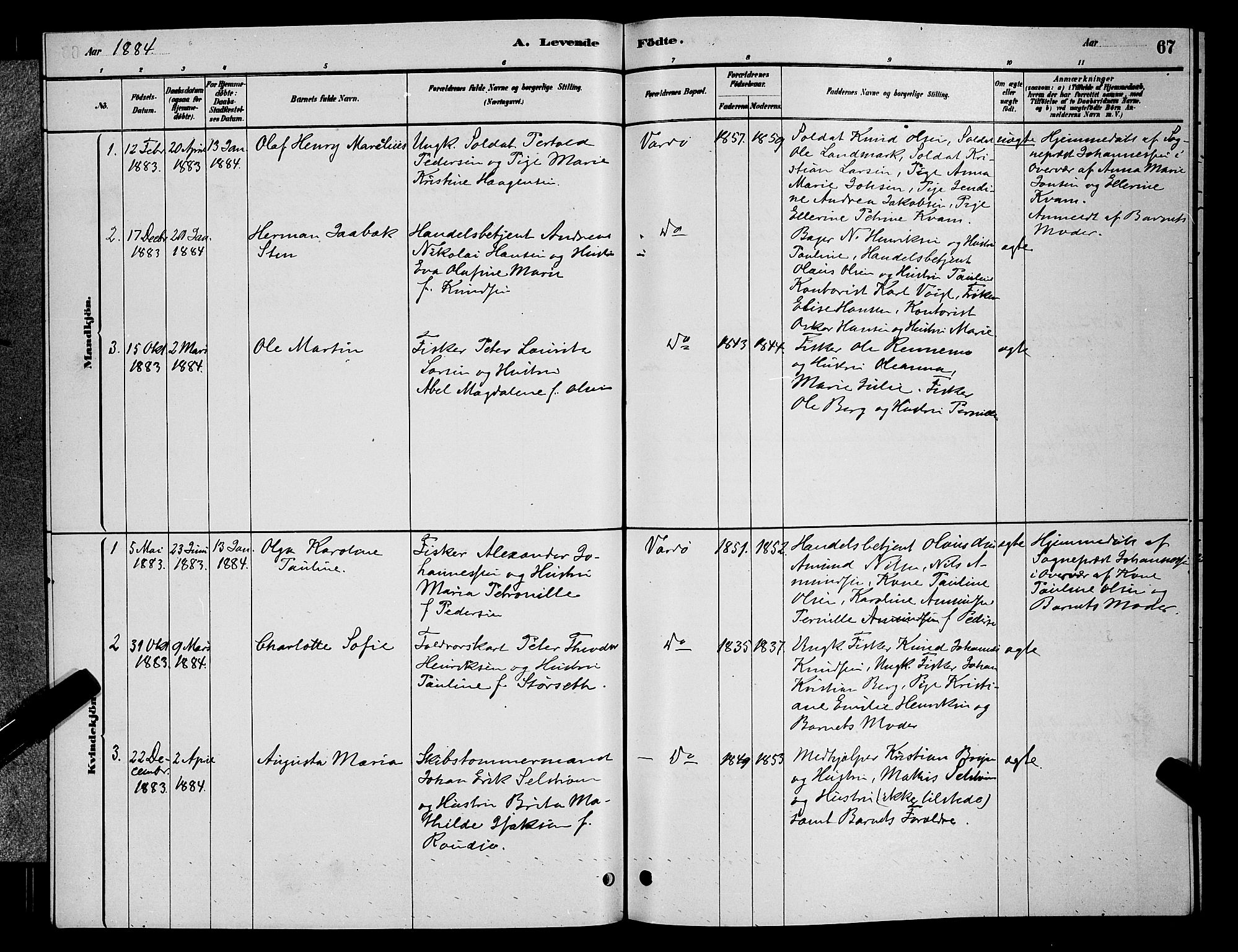 Vardø sokneprestkontor, AV/SATØ-S-1332/H/Hb/L0004klokker: Klokkerbok nr. 4, 1879-1887, s. 67