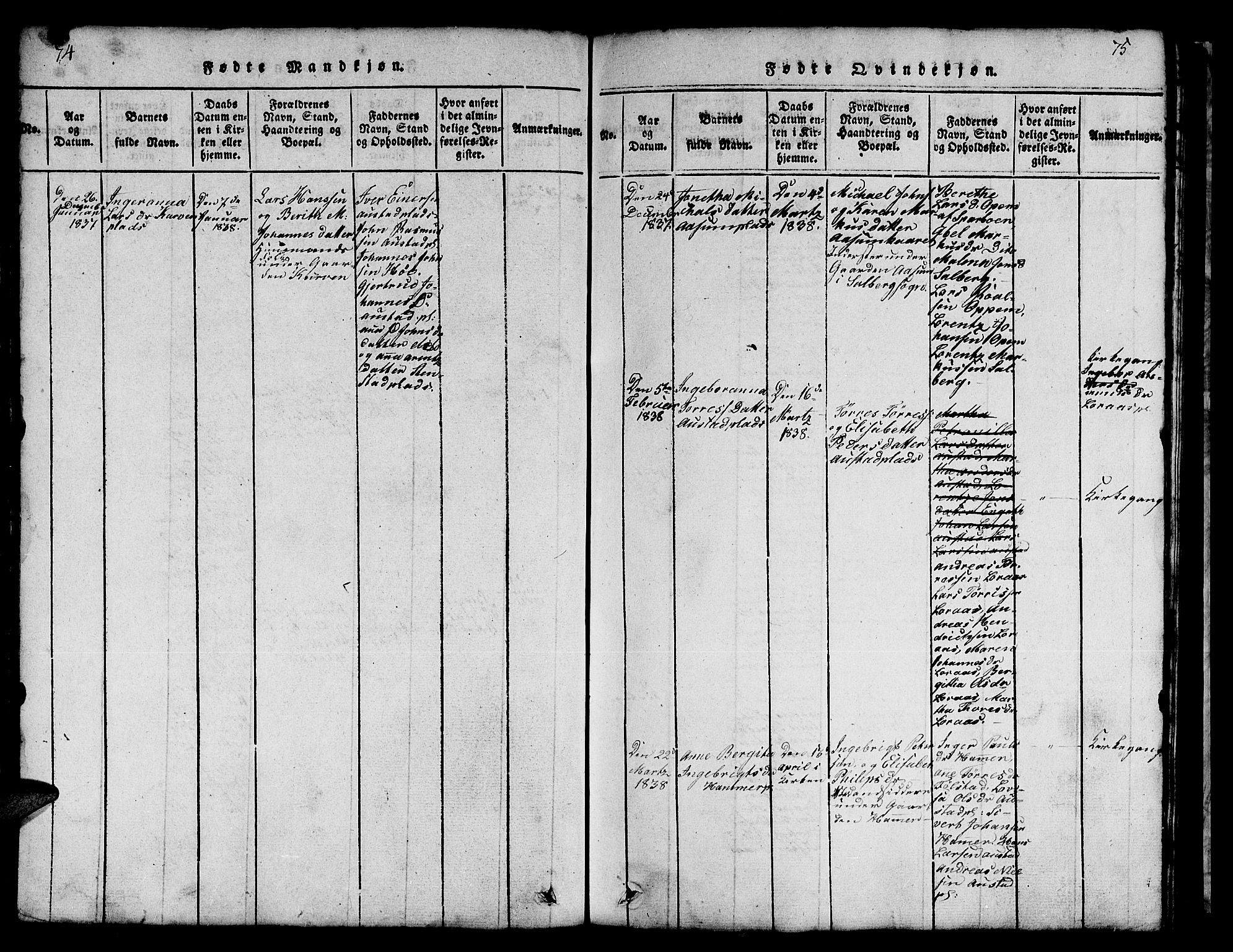 Ministerialprotokoller, klokkerbøker og fødselsregistre - Nord-Trøndelag, SAT/A-1458/731/L0310: Klokkerbok nr. 731C01, 1816-1874, s. 74-75