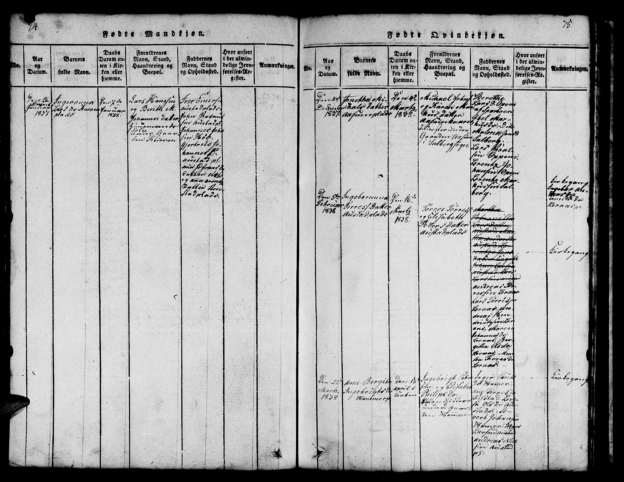 Ministerialprotokoller, klokkerbøker og fødselsregistre - Nord-Trøndelag, AV/SAT-A-1458/731/L0310: Klokkerbok nr. 731C01, 1816-1874, s. 74-75