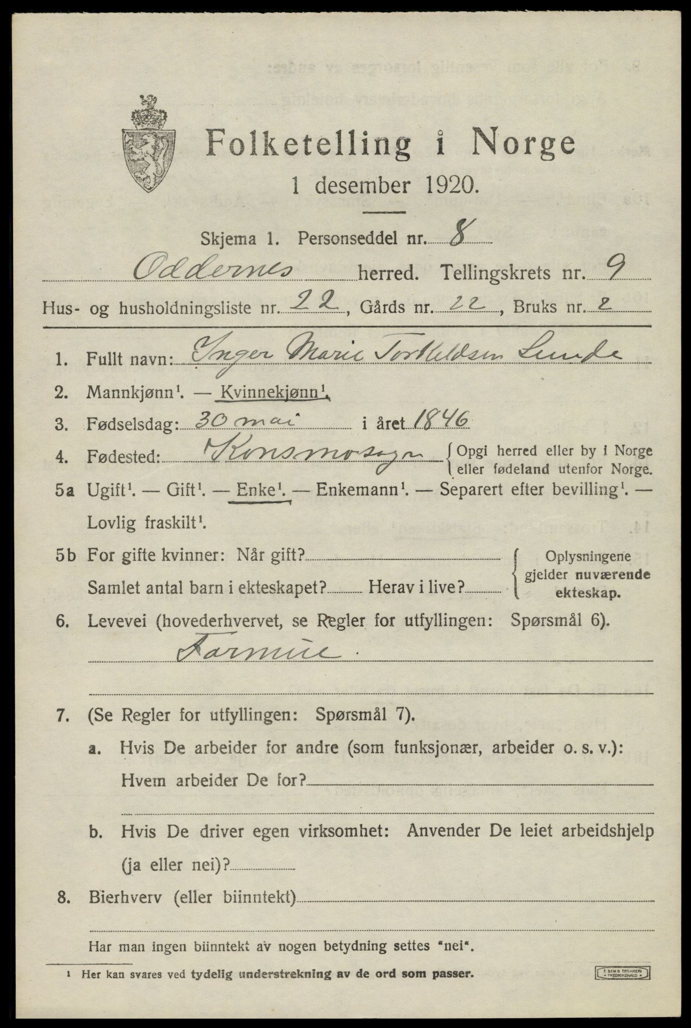 SAK, Folketelling 1920 for 1012 Oddernes herred, 1920, s. 6283