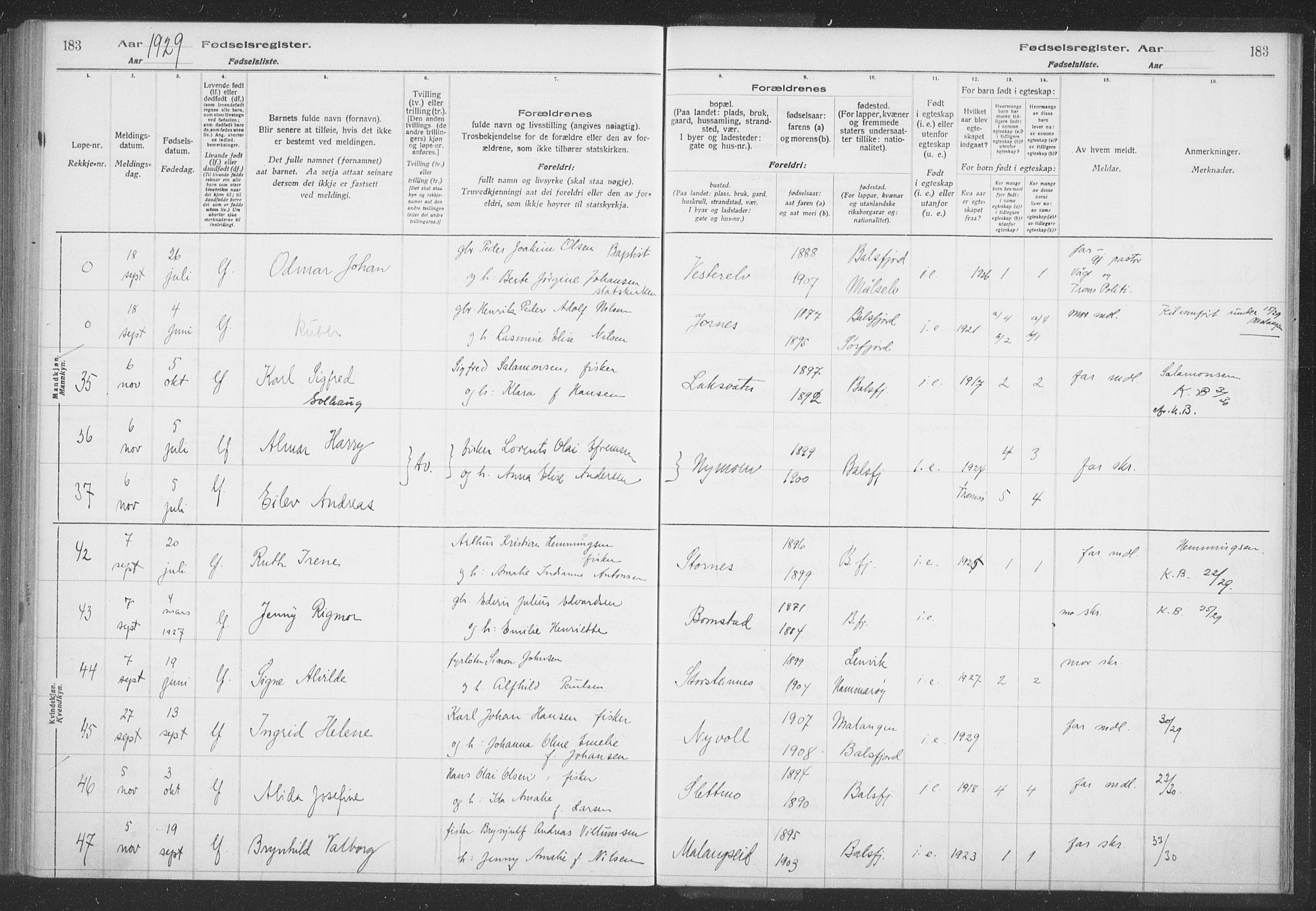 Balsfjord sokneprestembete, AV/SATØ-S-1303/H/Hb/L0059: Fødselsregister nr. 59, 1916-1930, s. 183